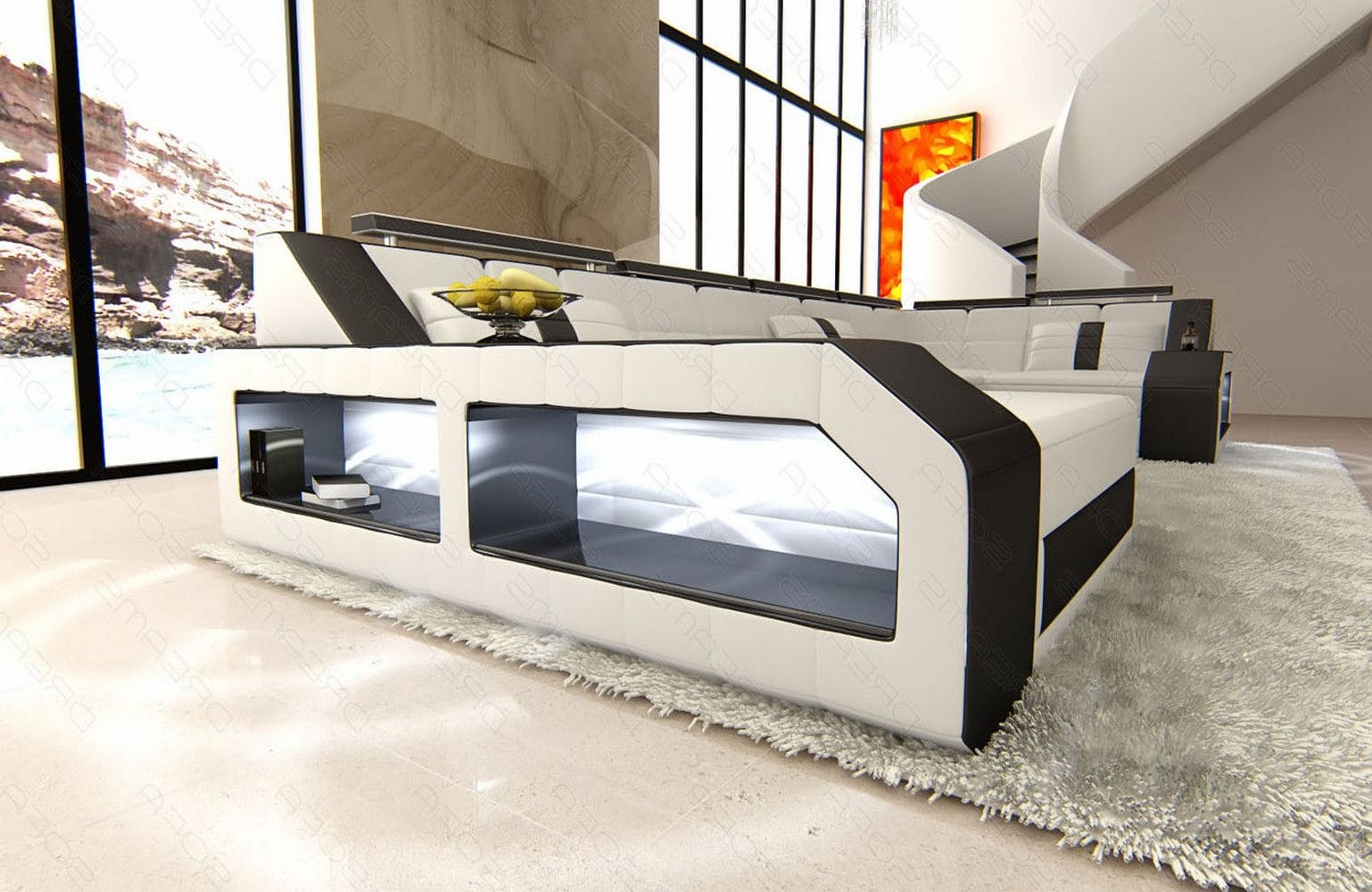 Leder Wohnlandschaft Arezzo mit LED weiß-schwarz