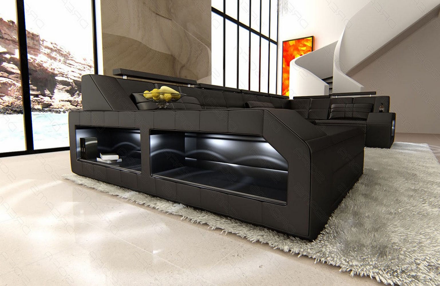 Leder Wohnlandschaft Arezzo mit LED schwarz