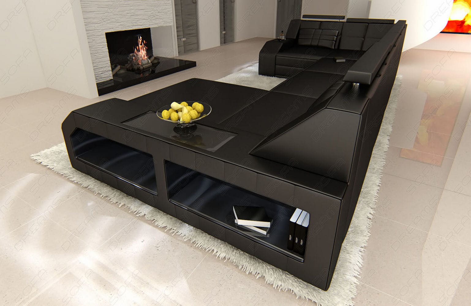 Leder Wohnlandschaft Arezzo mit LED schwarz