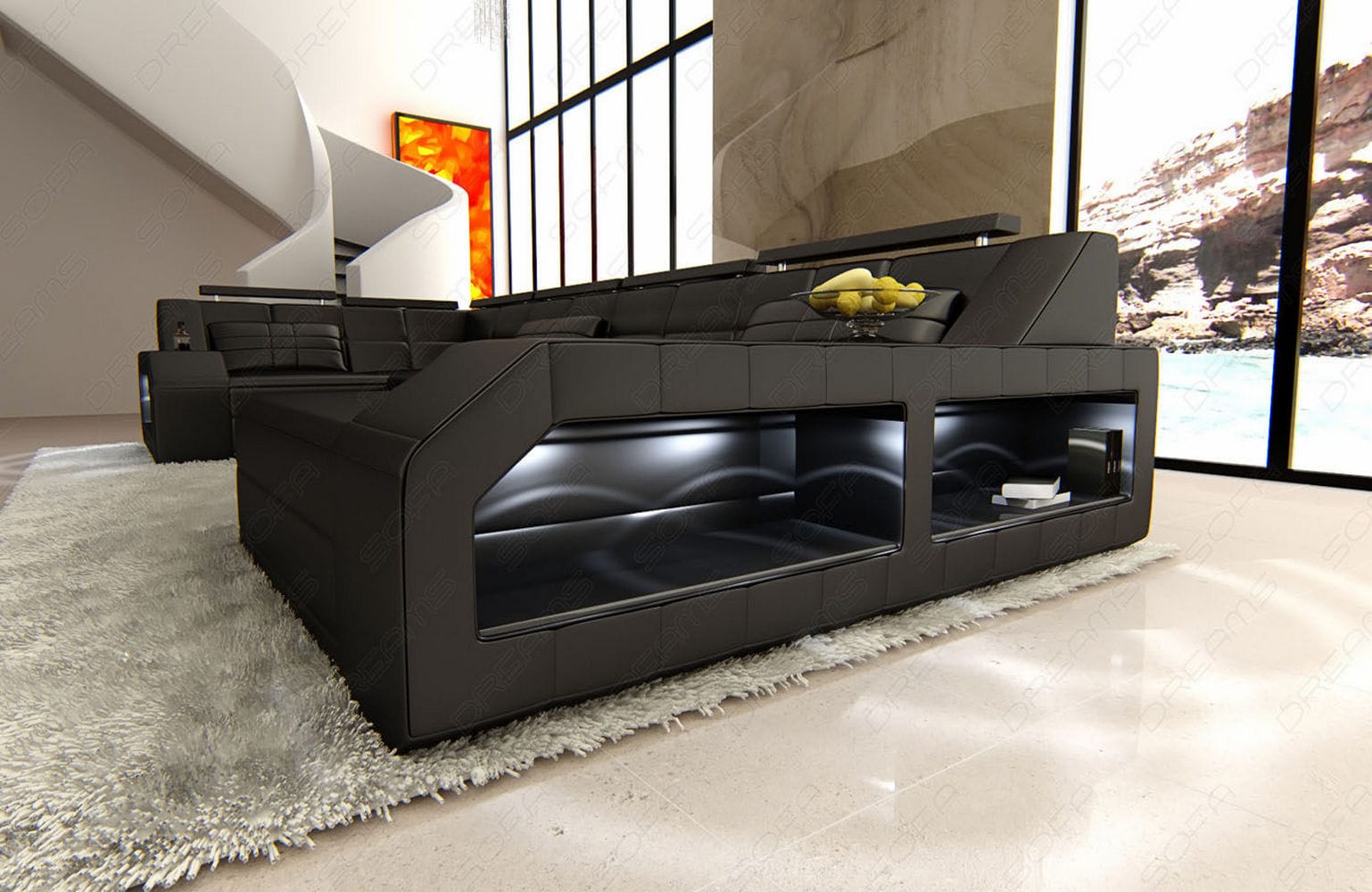 Leder Wohnlandschaft Arezzo mit LED schwarz