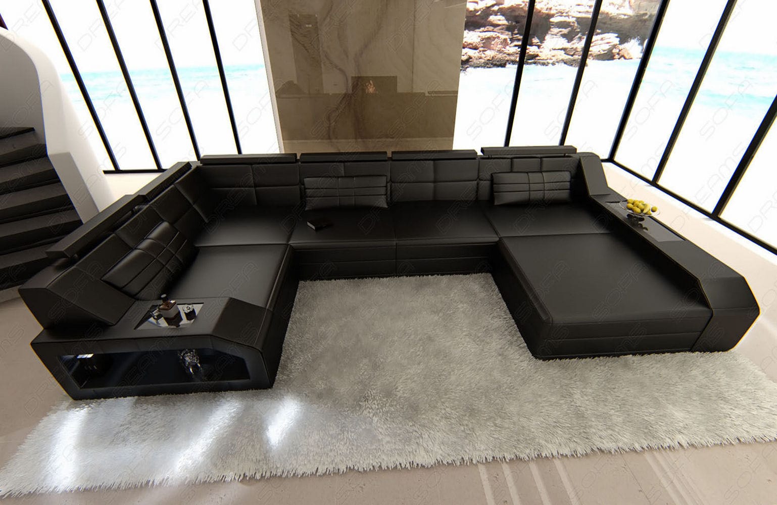 Leder Wohnlandschaft Arezzo mit LED schwarz
