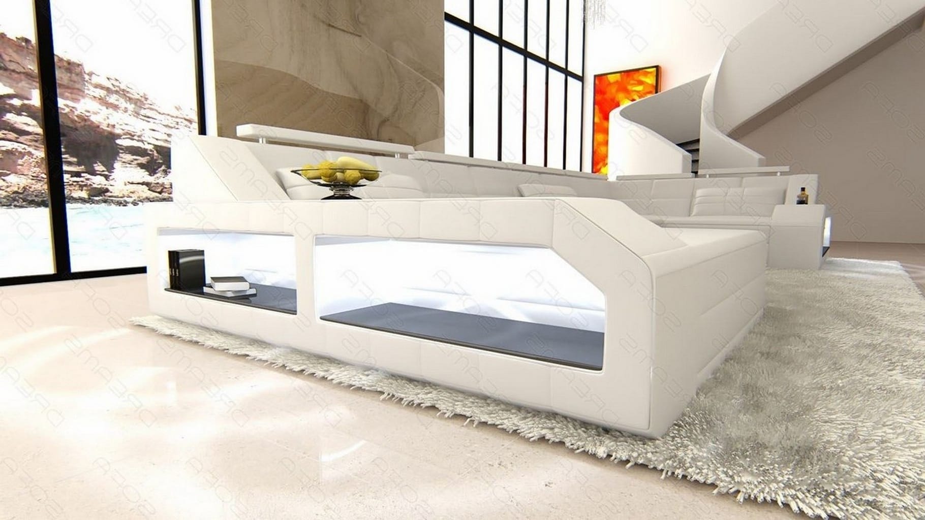 Leder Wohnlandschaft Arezzo mit LED weiß