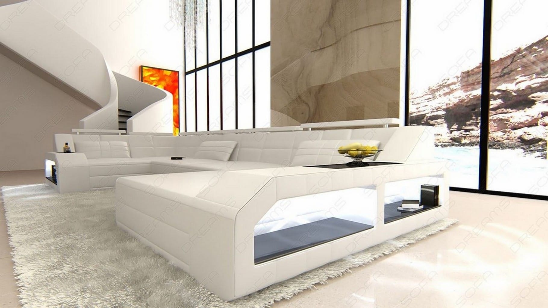 Leder Wohnlandschaft Arezzo mit LED weiß