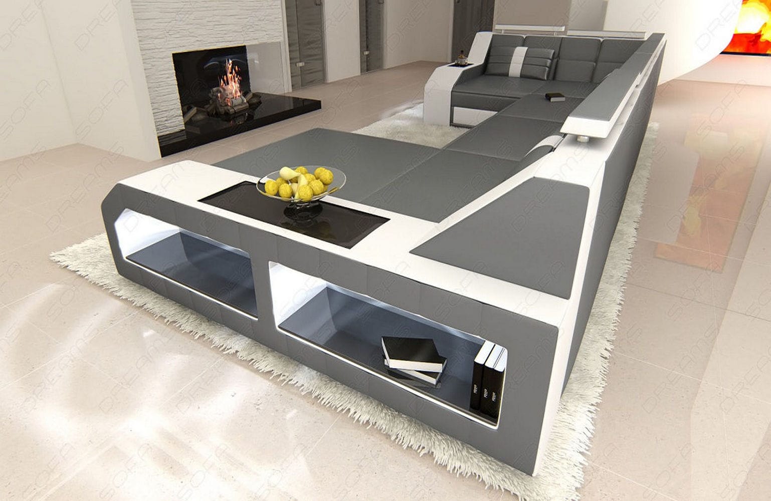 Leder Wohnlandschaft Arezzo mit LED grau-weiß
