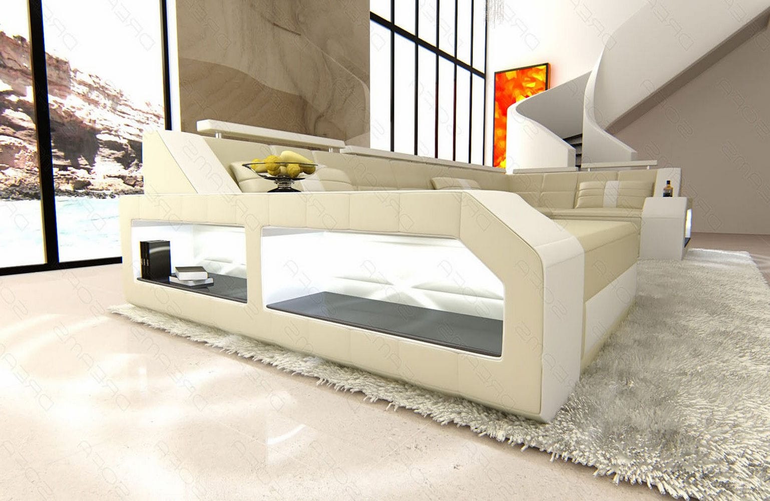 Leder Wohnlandschaft Arezzo mit LED beige-weiß