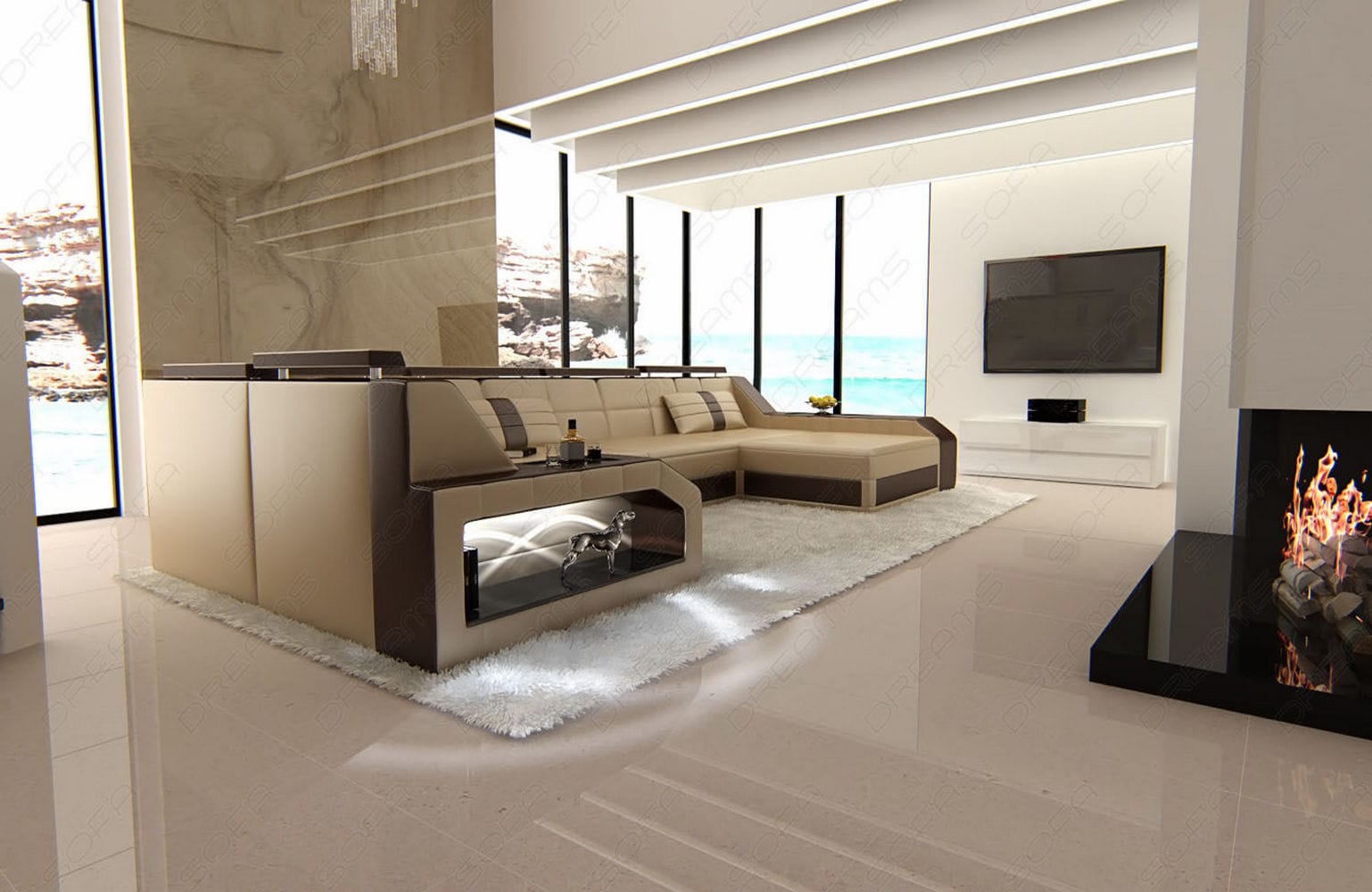 Leder Wohnlandschaft Arezzo mit LED sandbeige-dunkelbraun