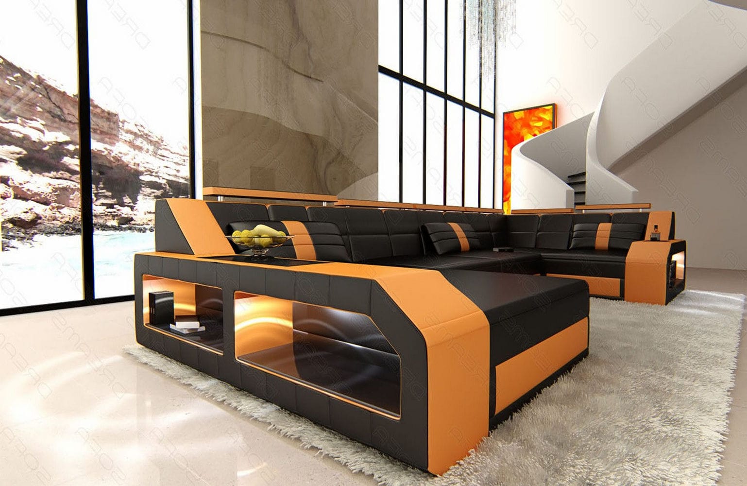 Leder Wohnlandschaft Arezzo mit LED schwarz-orange