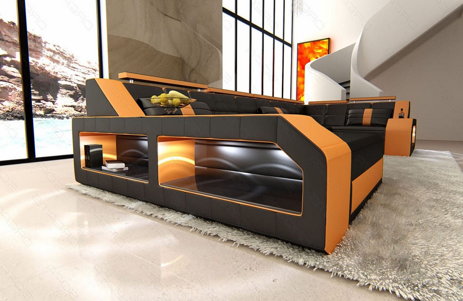 Leder Wohnlandschaft Arezzo mit LED schwarz-orange