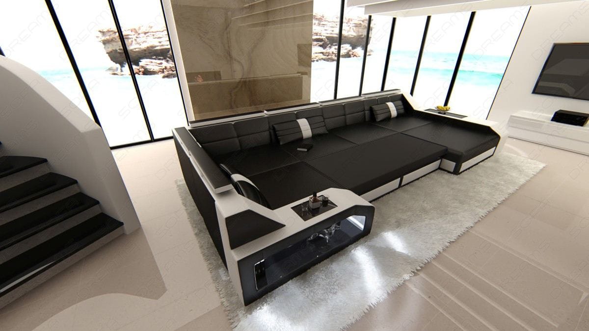 Leder Wohnlandschaft Arezzo mit LED schwarz