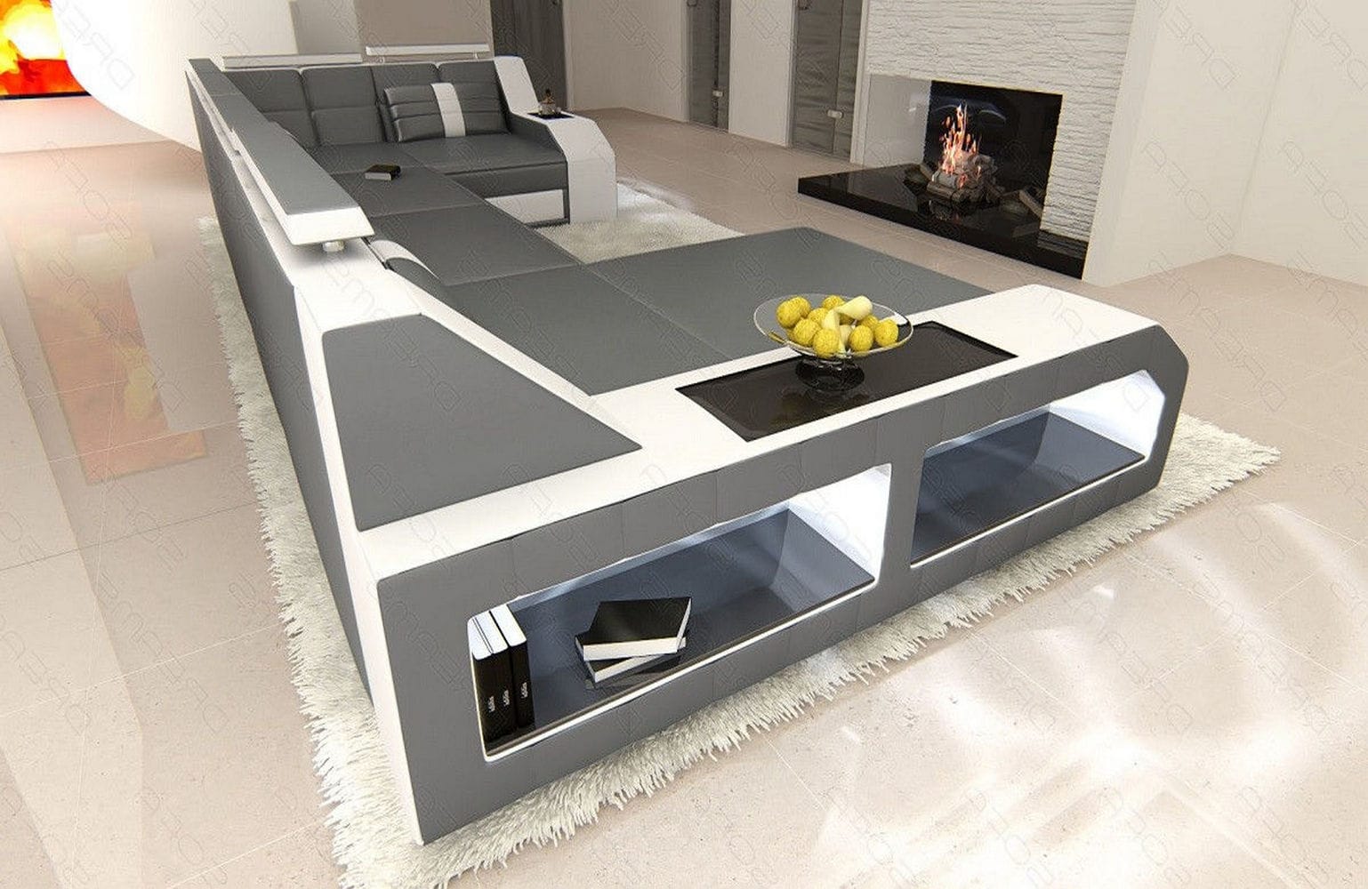 Leder Wohnlandschaft Arezzo mit LED grau-weiß
