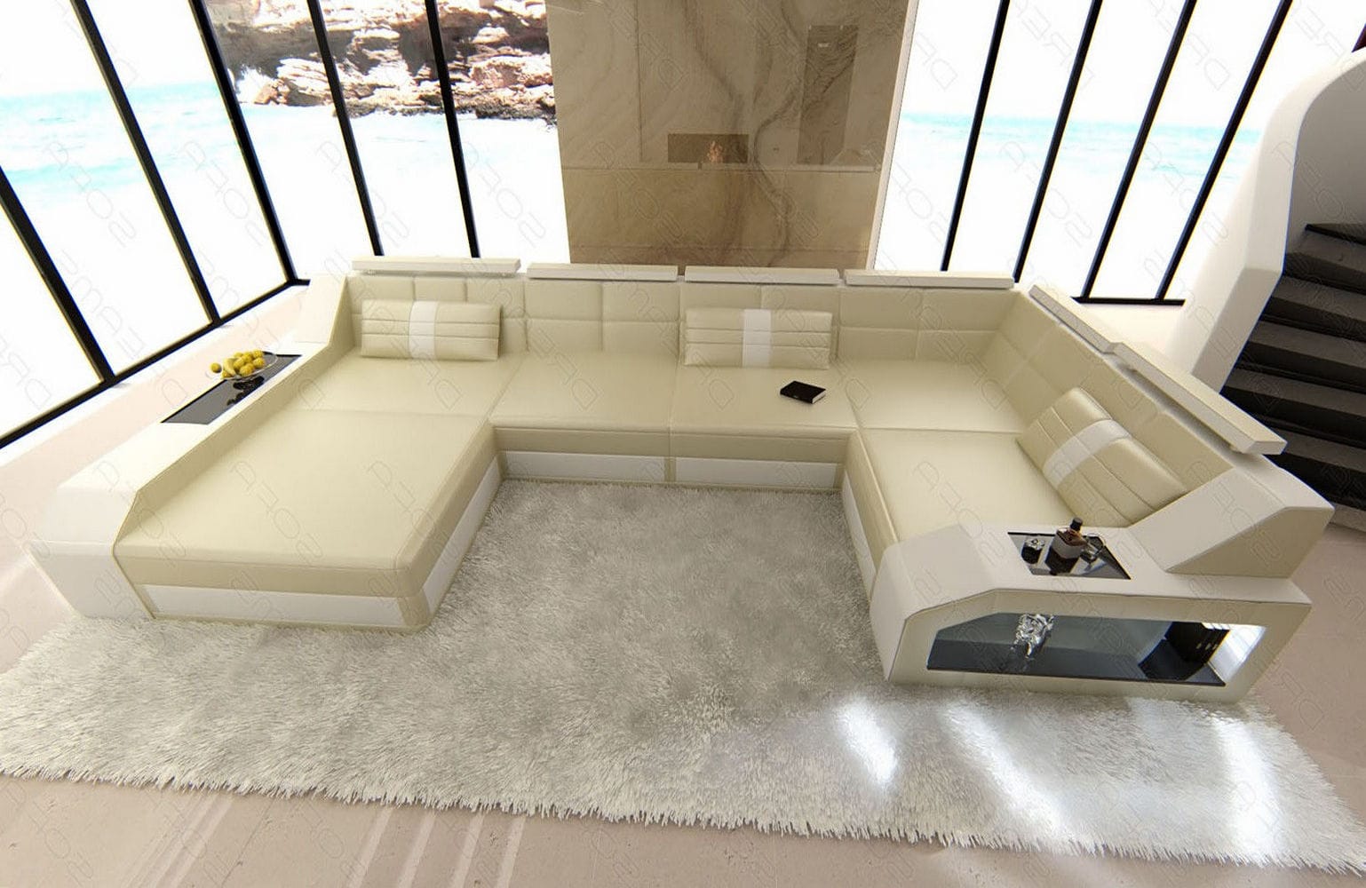 Leder Wohnlandschaft Arezzo mit LED beige-weiß