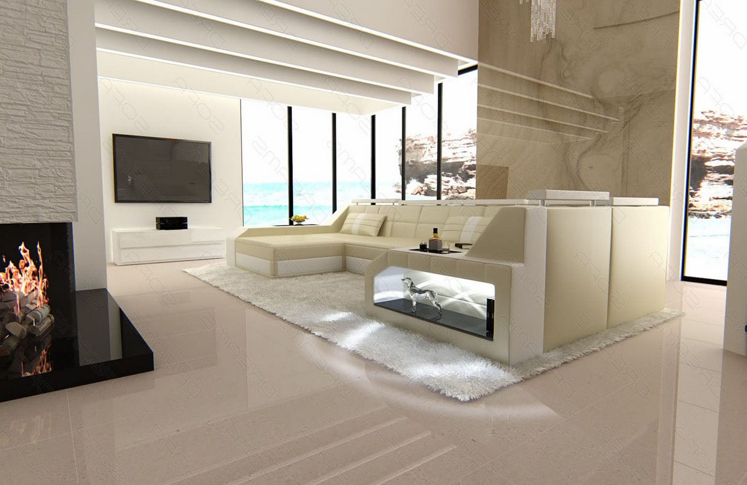 Leder Wohnlandschaft Arezzo mit LED beige-weiß