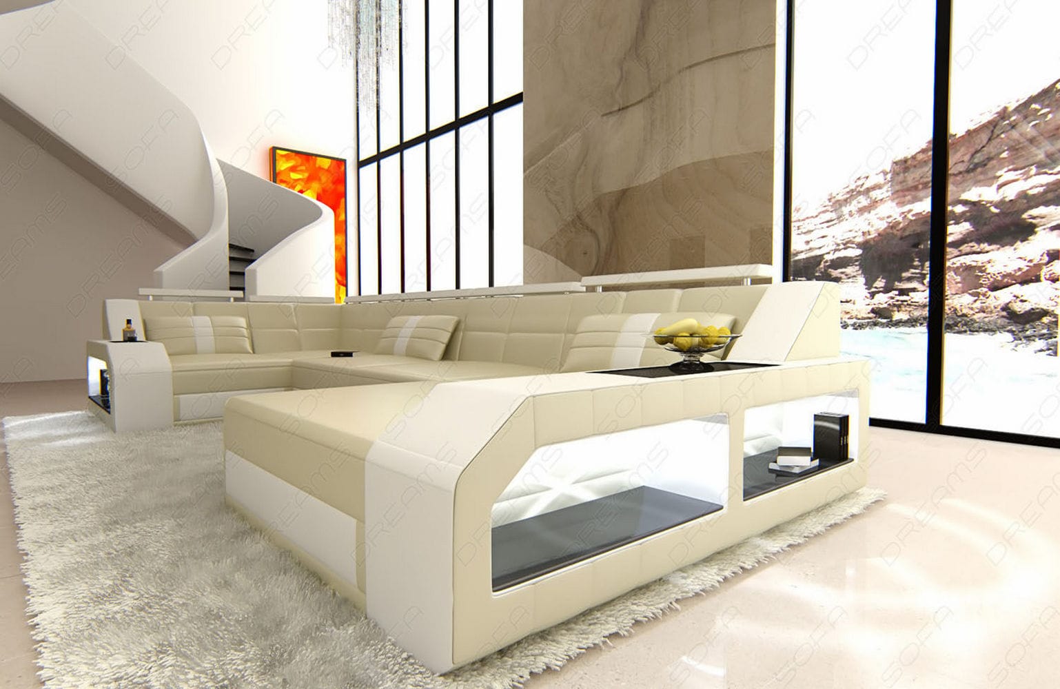 Leder Wohnlandschaft Arezzo mit LED beige-weiß