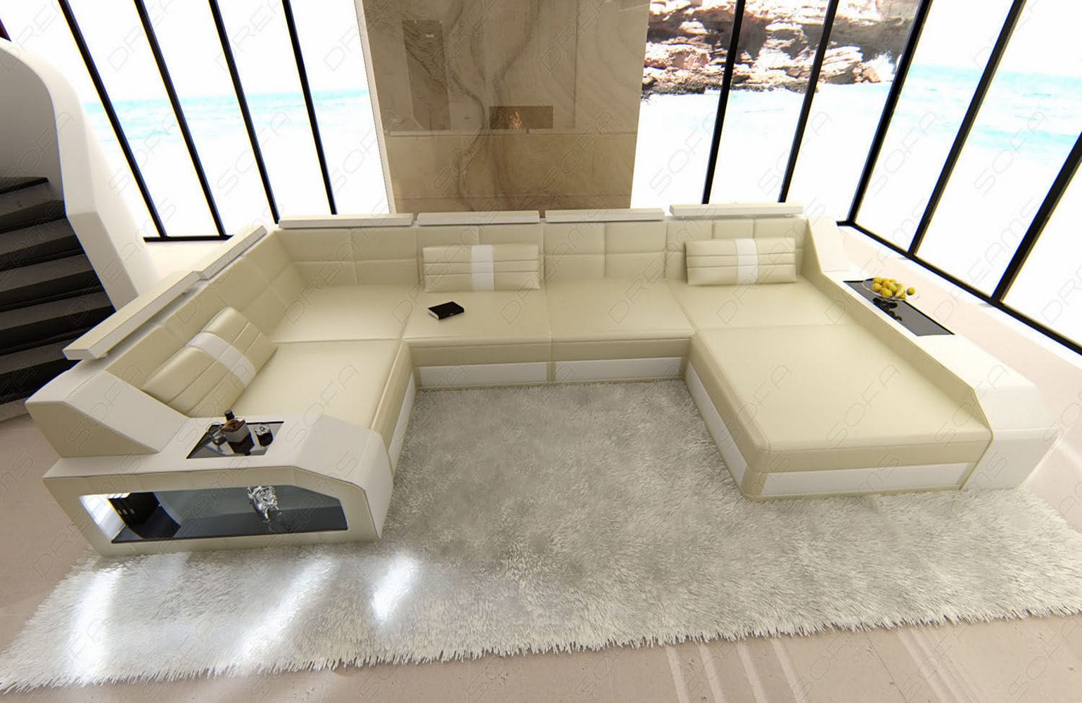 Leder Wohnlandschaft Arezzo mit LED beige-weiß