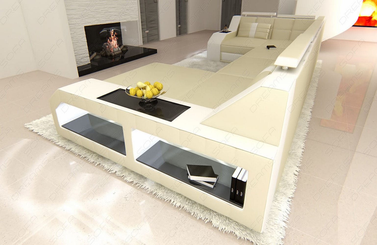 Leder Wohnlandschaft Arezzo mit LED beige-weiß