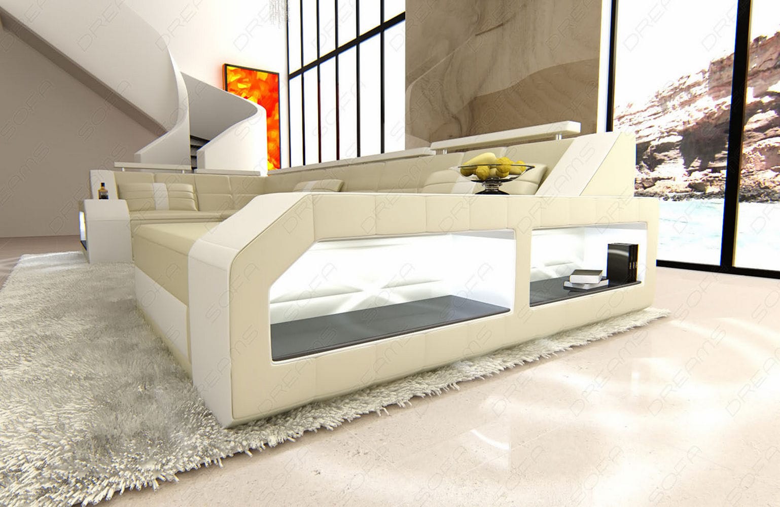 Leder Wohnlandschaft Arezzo mit LED beige-weiß