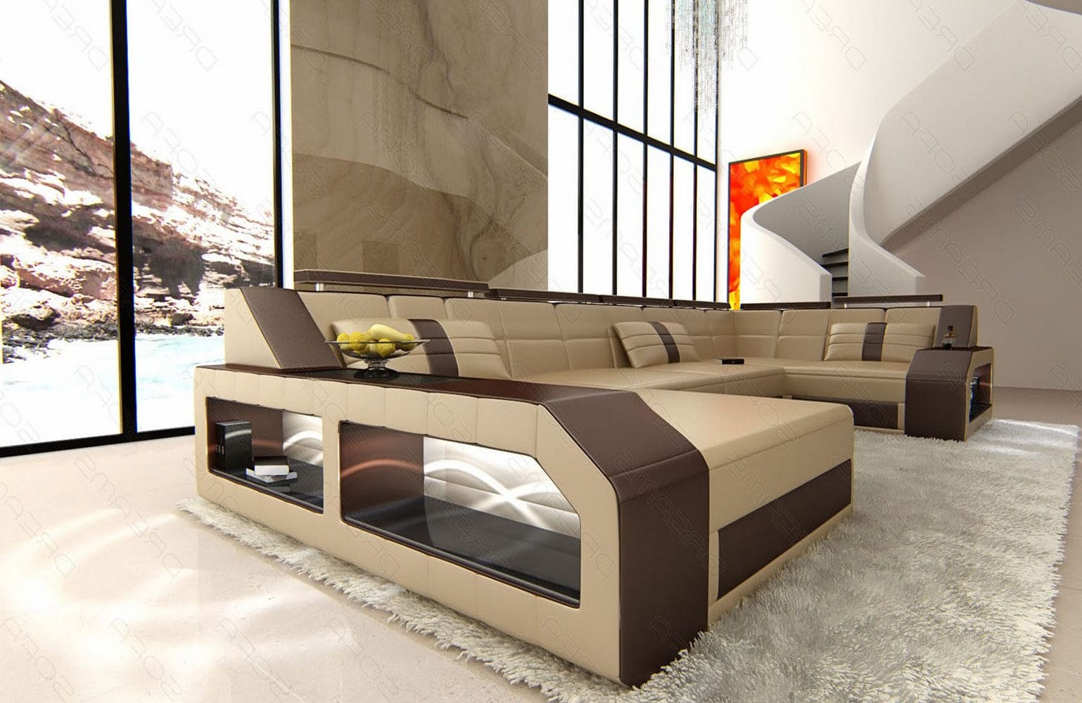 Leder Wohnlandschaft Arezzo mit LED sandbeige-dunkelbraun