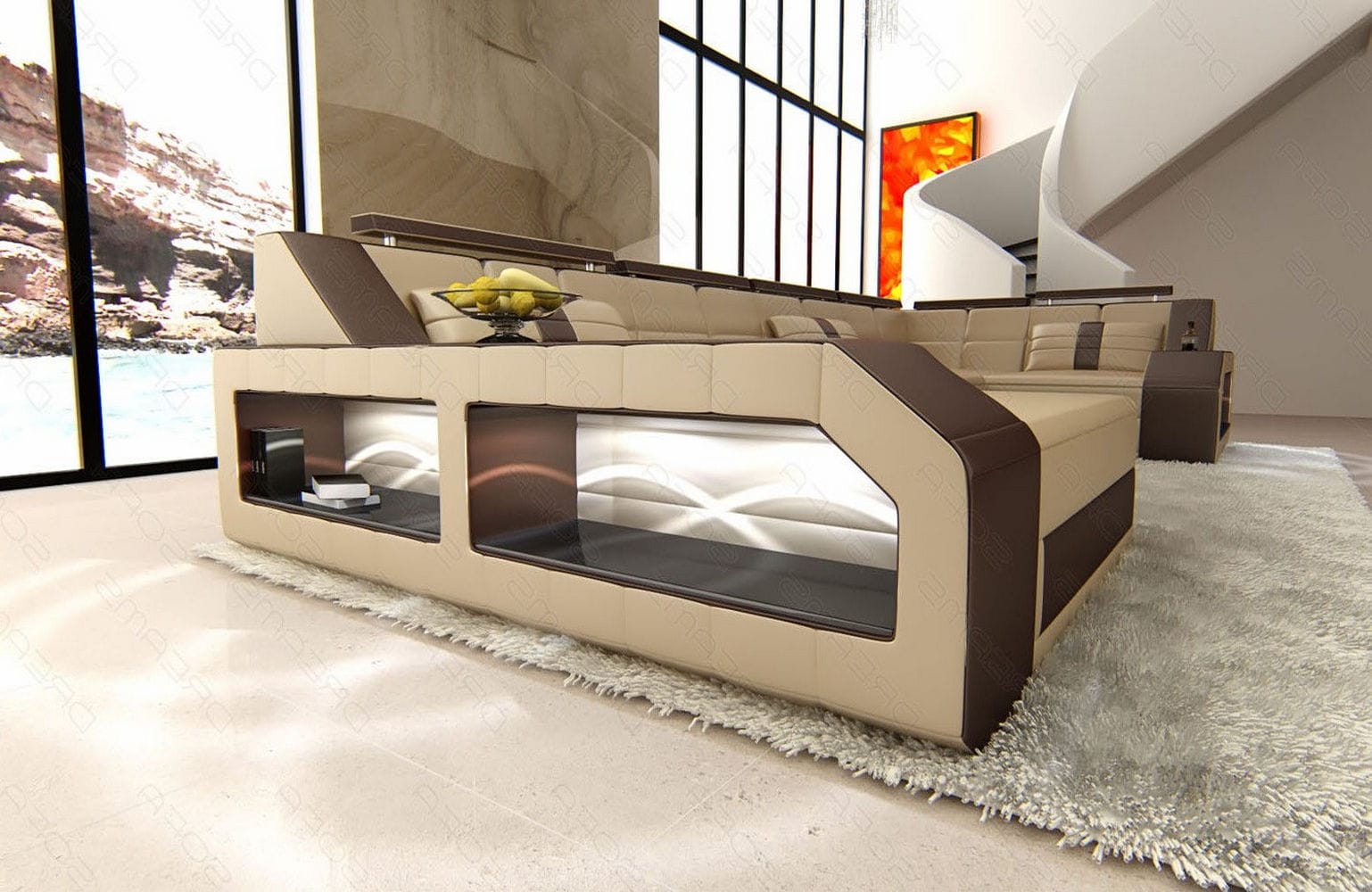 Leder Wohnlandschaft Arezzo mit LED sandbeige-dunkelbraun