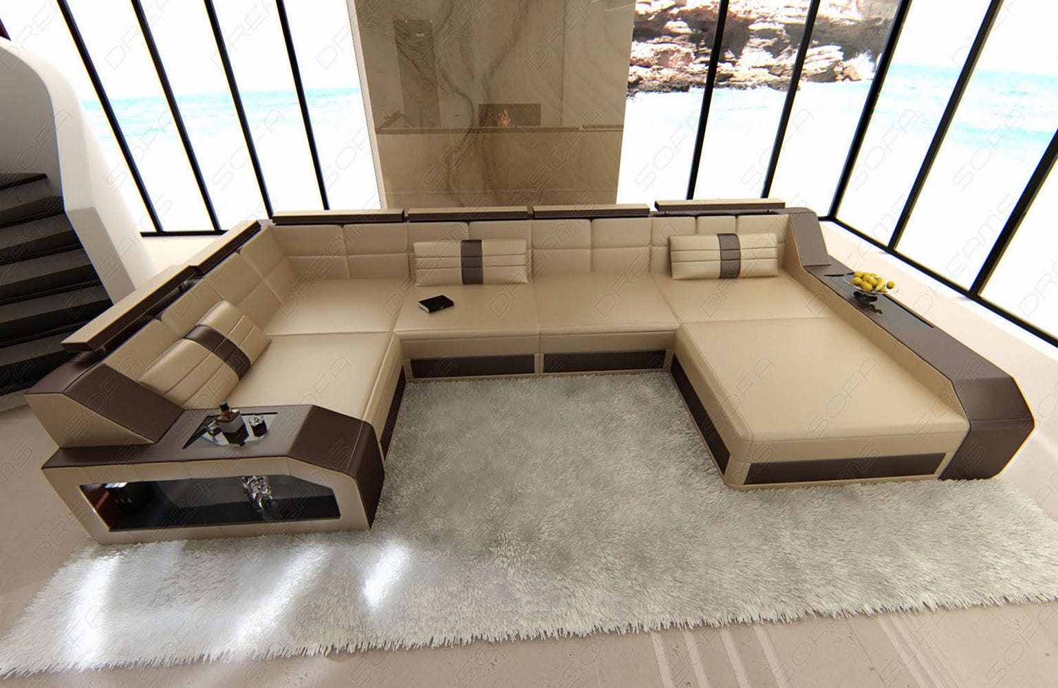 Leder Wohnlandschaft Arezzo mit LED sandbeige-dunkelbraun