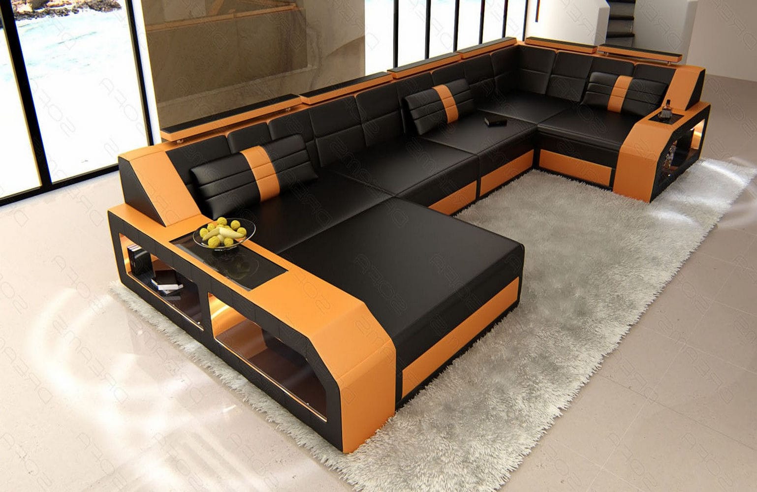 Leder Wohnlandschaft Arezzo mit LED schwarz-orange