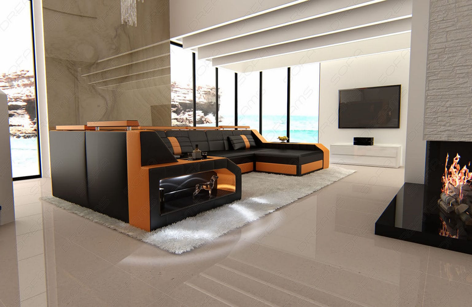 Leder Wohnlandschaft Arezzo mit LED schwarz-orange