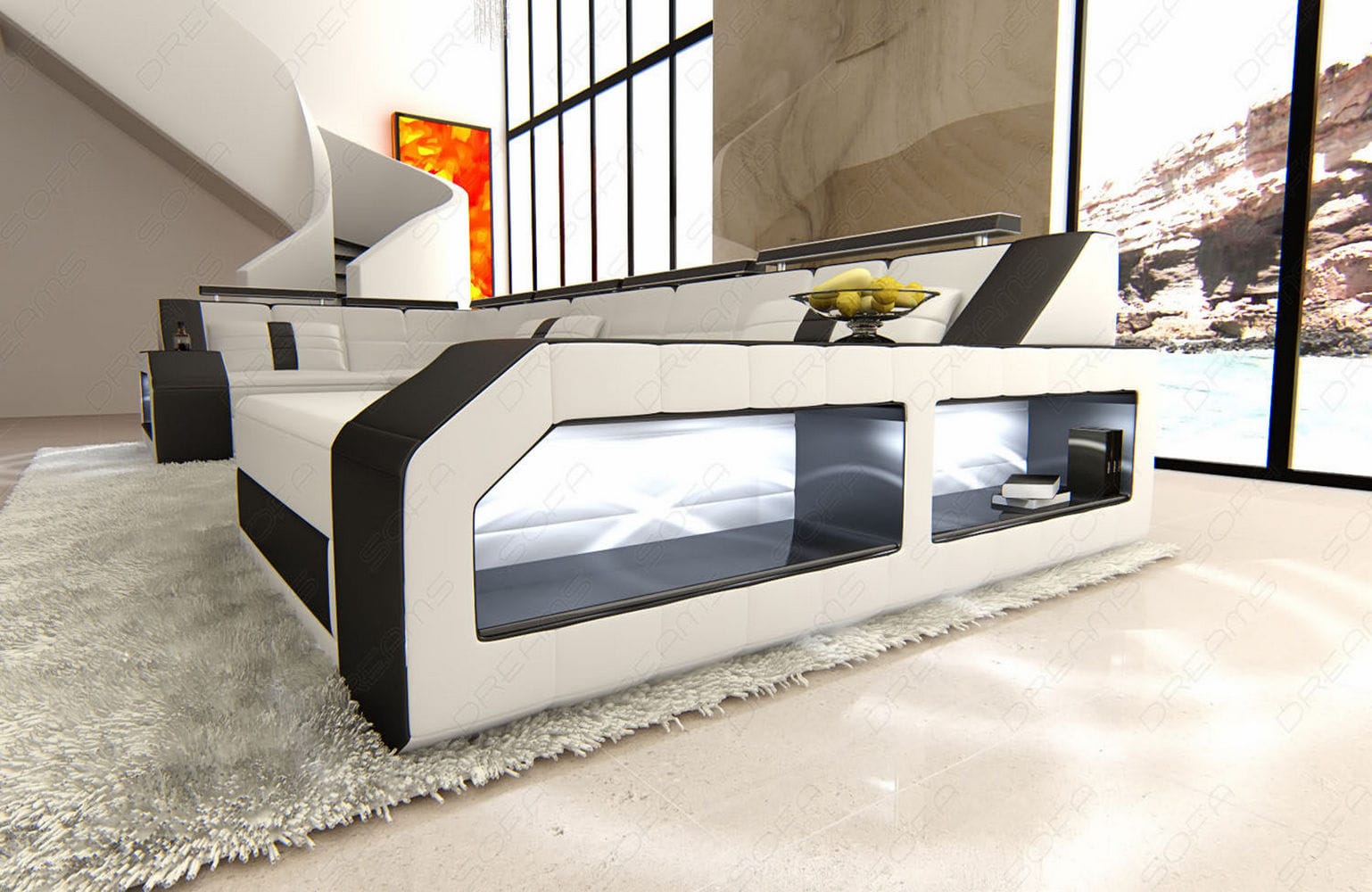 Leder Wohnlandschaft Arezzo mit LED weiß-schwarz