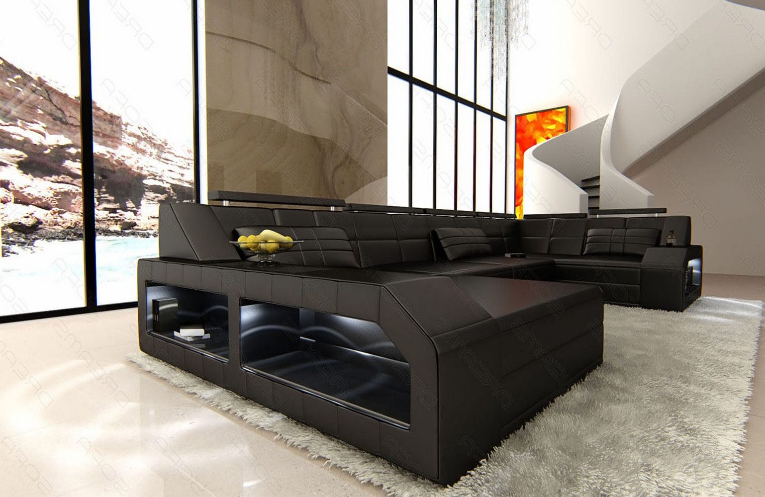Leder Wohnlandschaft Arezzo mit LED schwarz