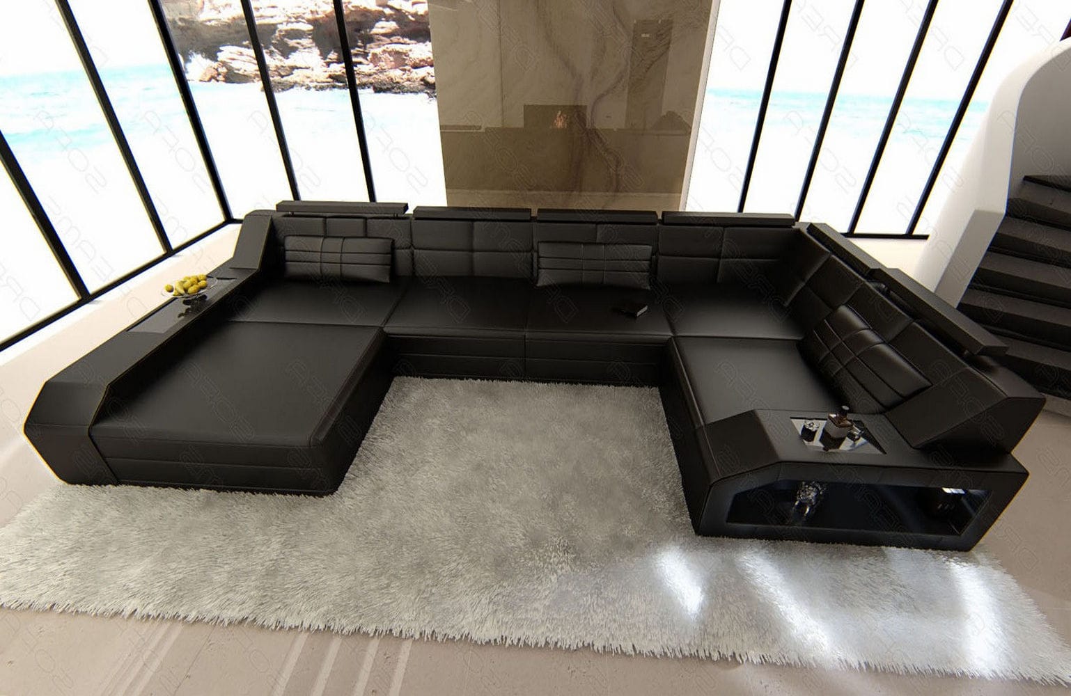 Leder Wohnlandschaft Arezzo mit LED schwarz