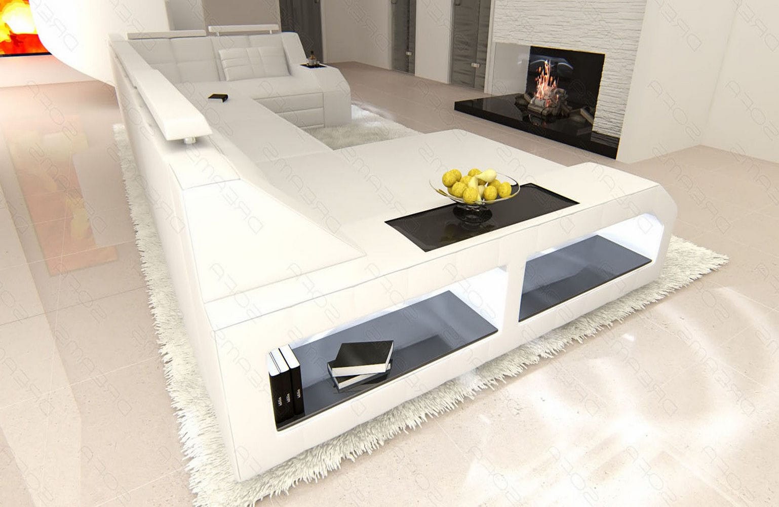 Leder Wohnlandschaft Arezzo mit LED weiß