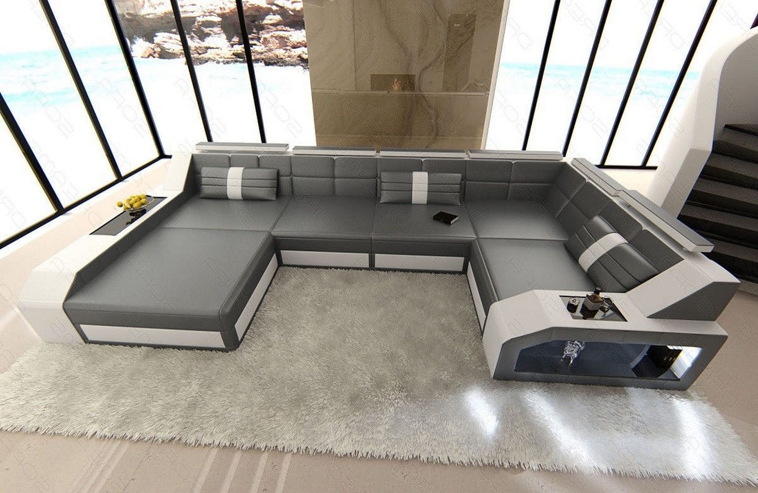 Leder Wohnlandschaft Arezzo mit LED grau-weiß