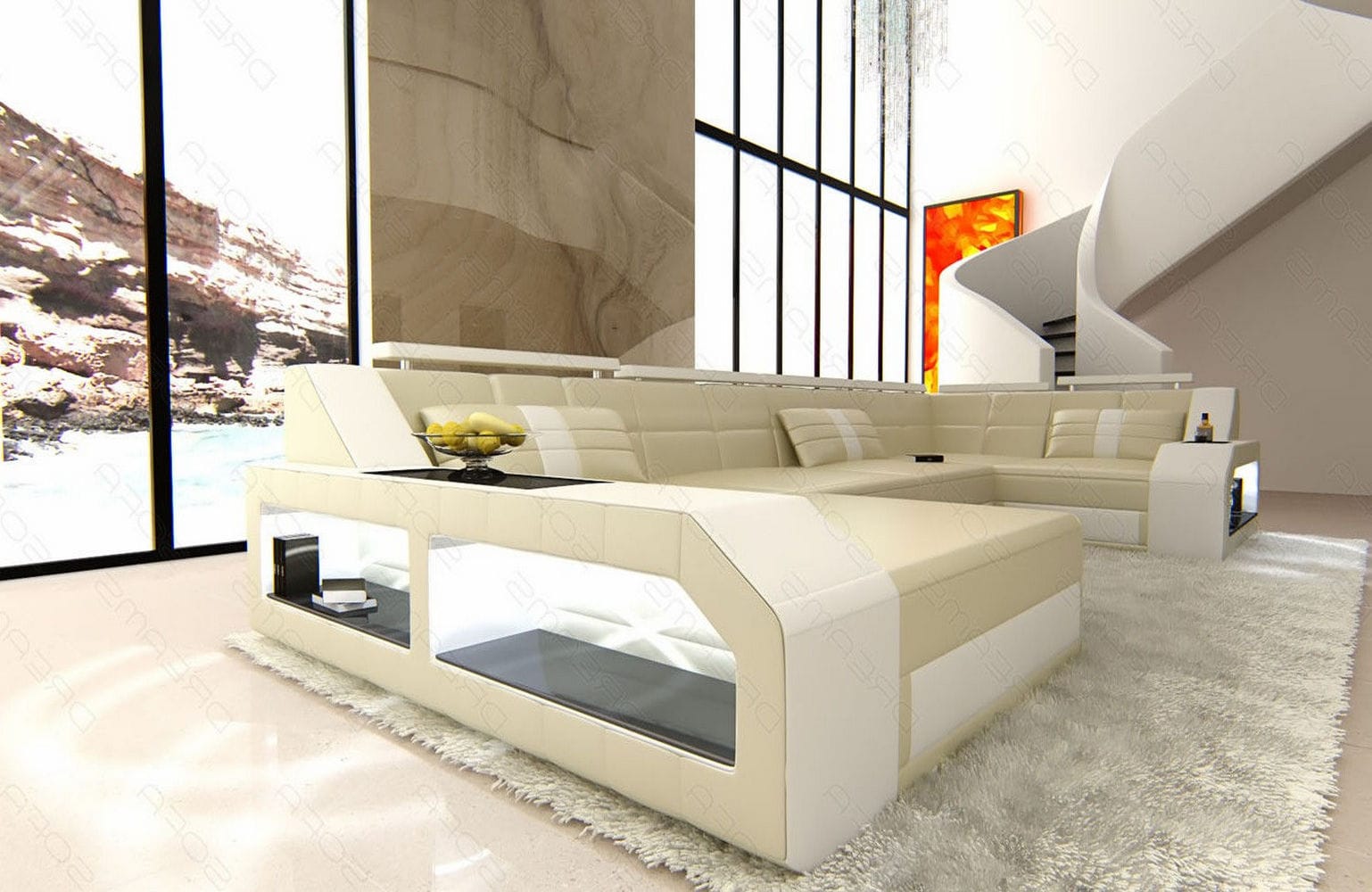 Leder Wohnlandschaft Arezzo mit LED beige-weiß