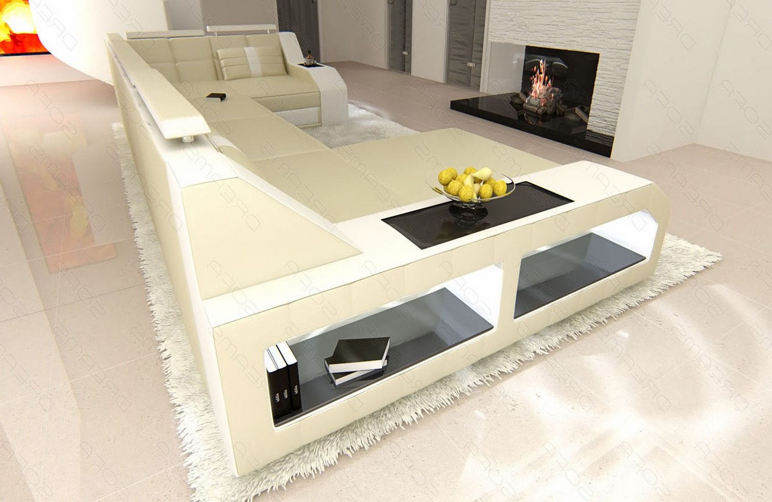 Leder Wohnlandschaft Arezzo mit LED beige-weiß
