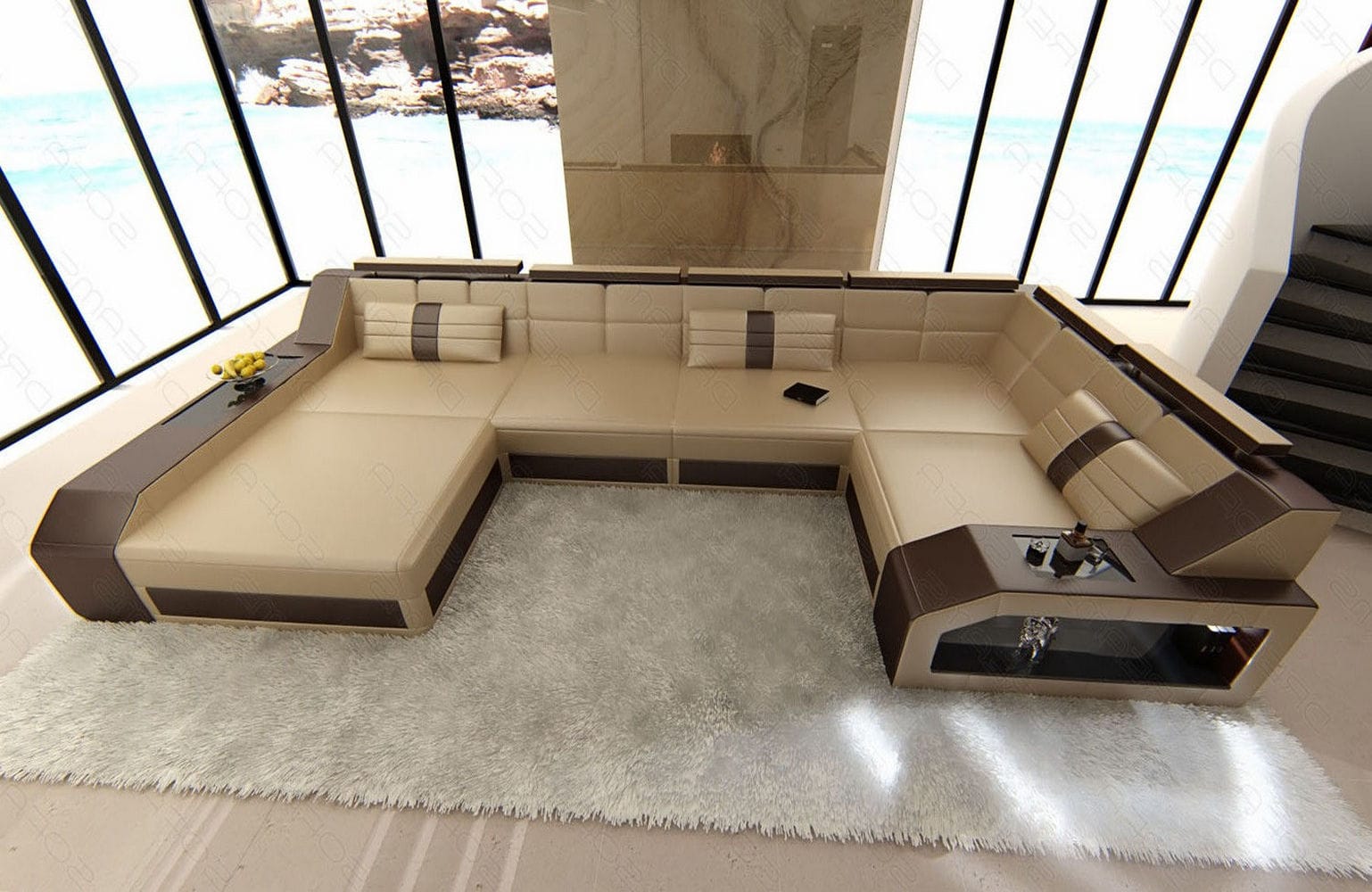 Leder Wohnlandschaft Arezzo mit LED sandbeige-dunkelbraun
