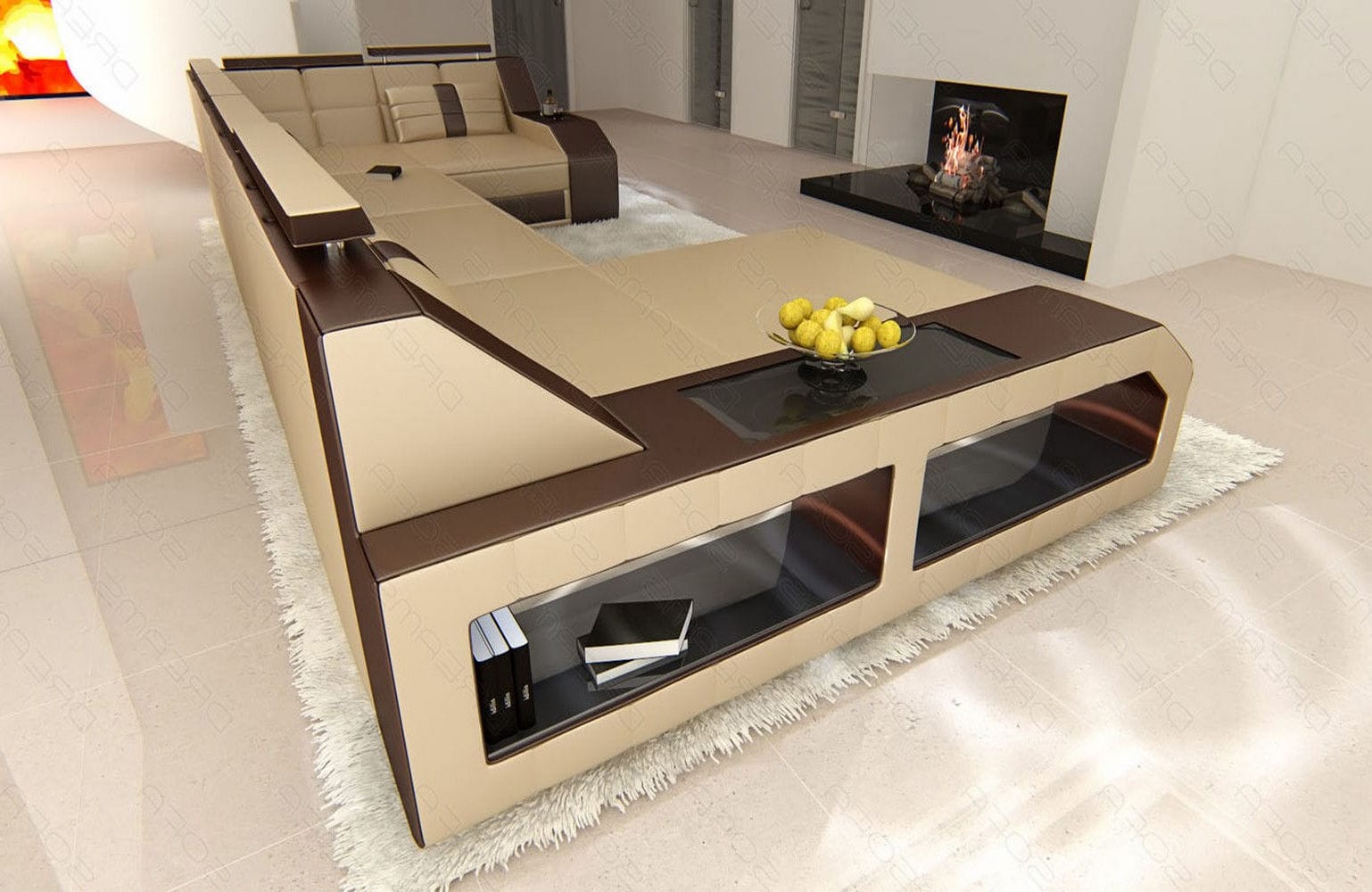 Leder Wohnlandschaft Arezzo mit LED sandbeige-dunkelbraun