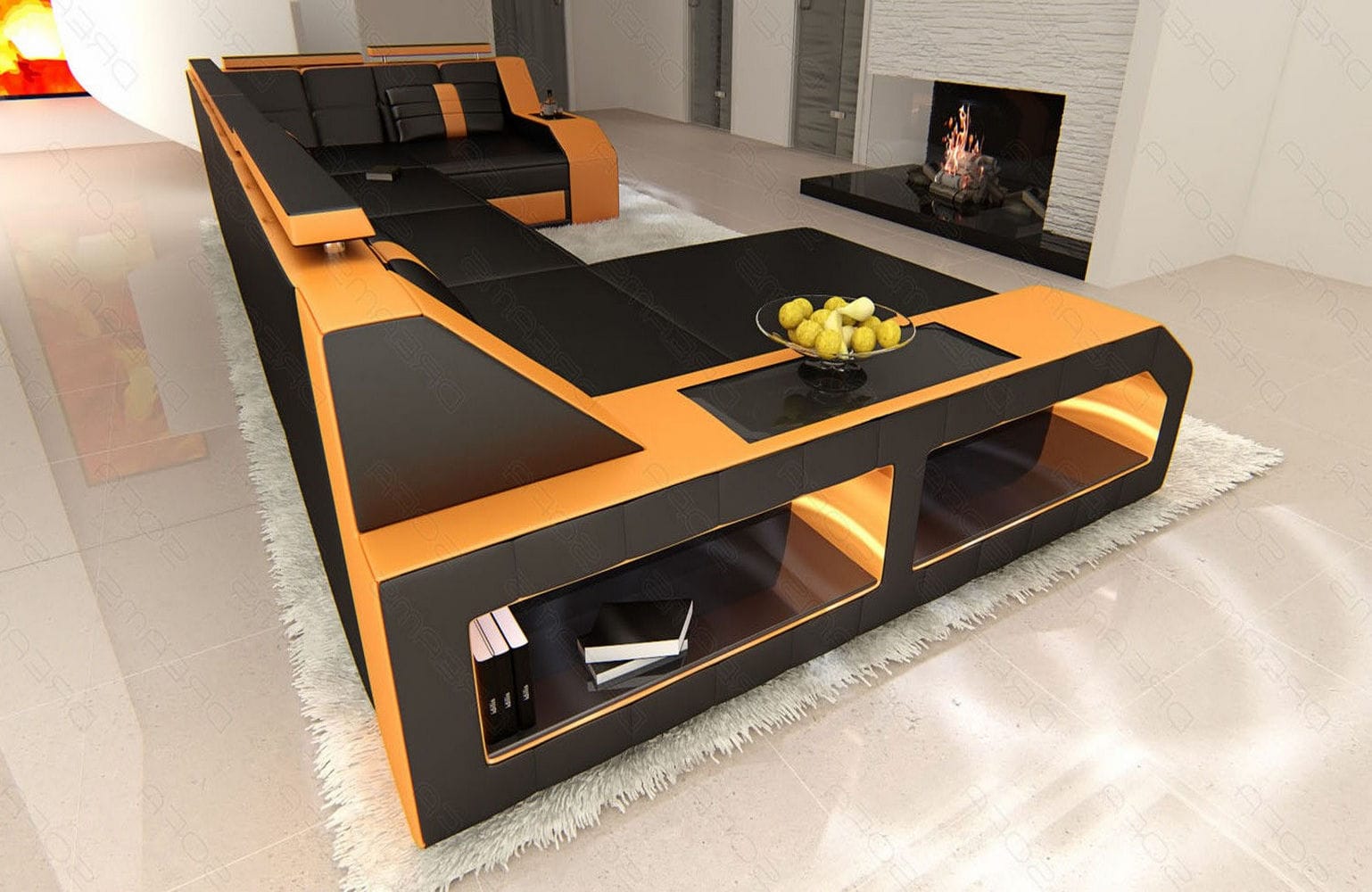 Leder Wohnlandschaft Arezzo mit LED schwarz-orange