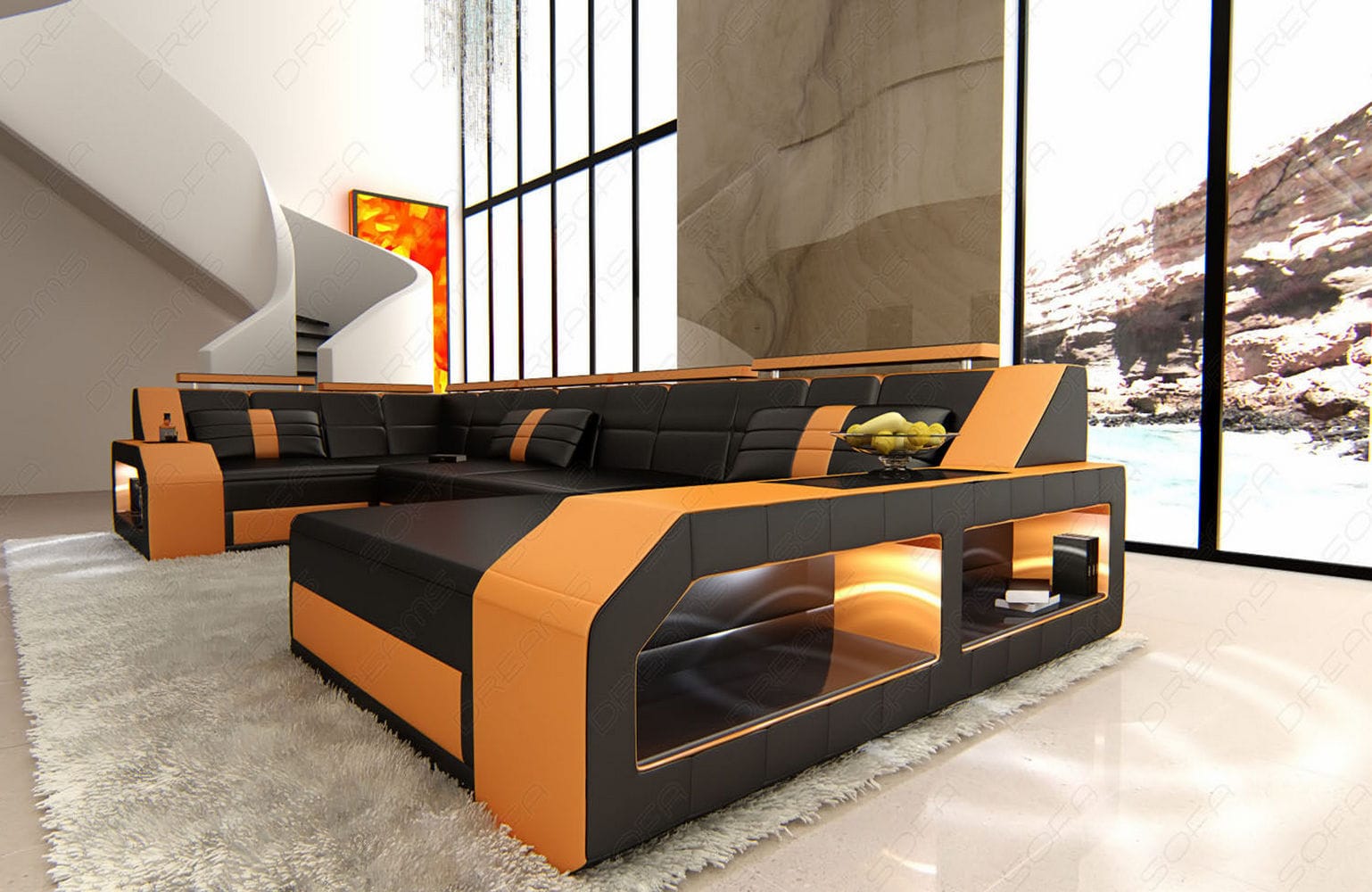 Leder Wohnlandschaft Arezzo mit LED schwarz-orange