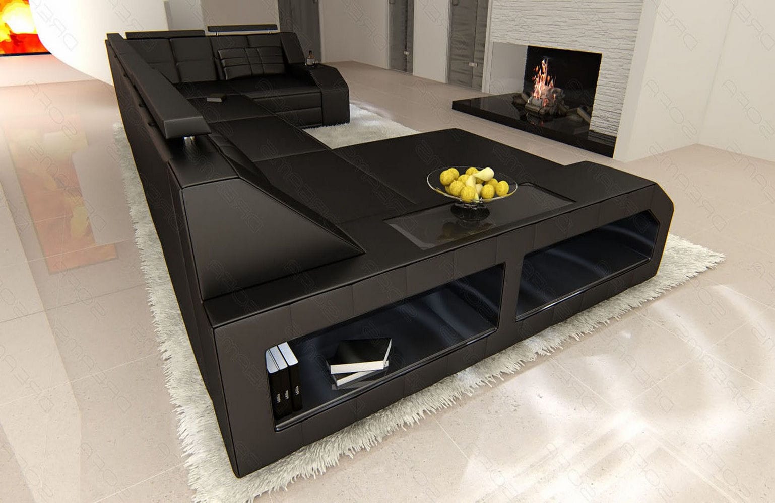 Leder Wohnlandschaft Arezzo mit LED schwarz