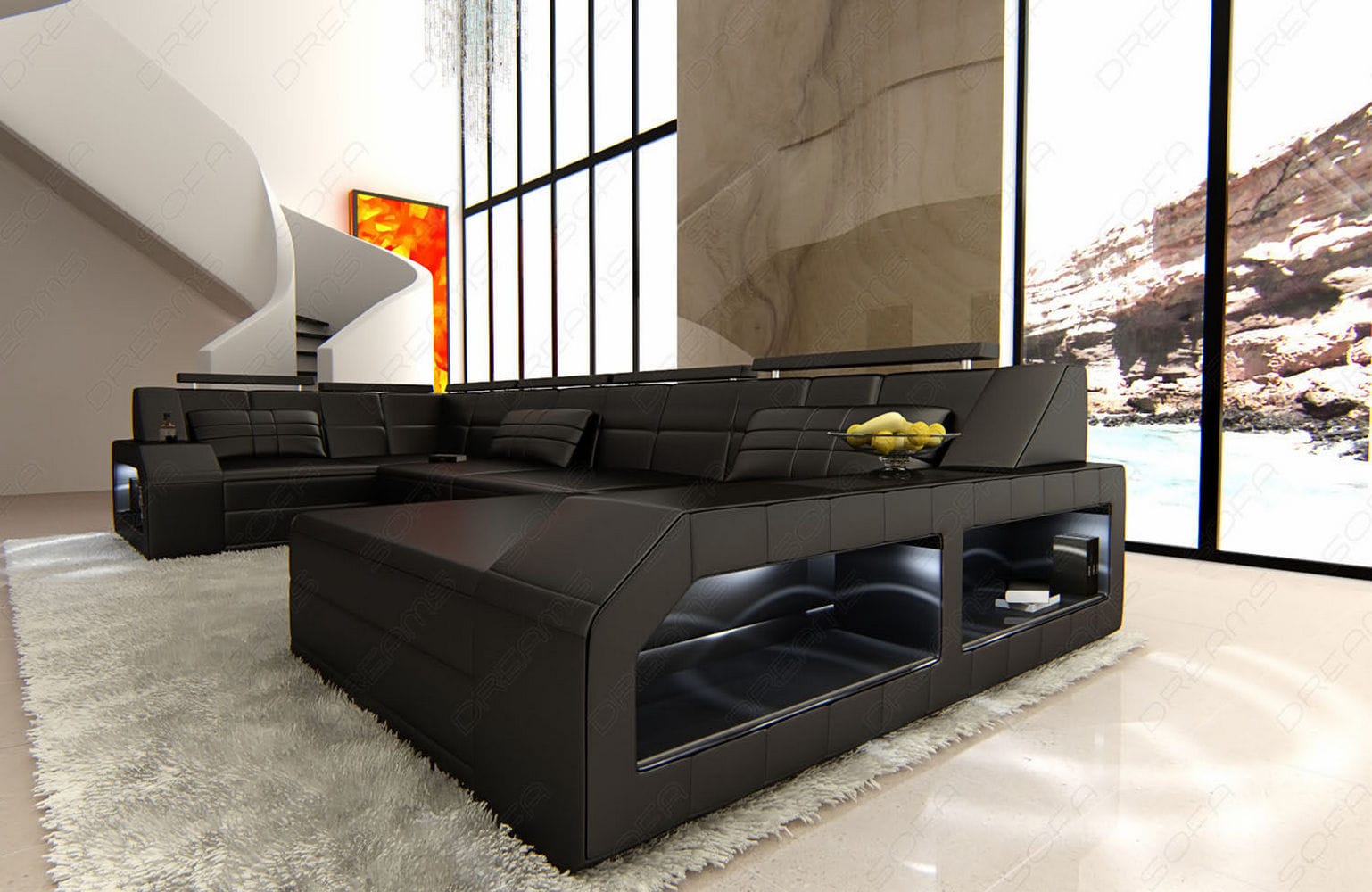 Leder Wohnlandschaft Arezzo mit LED schwarz