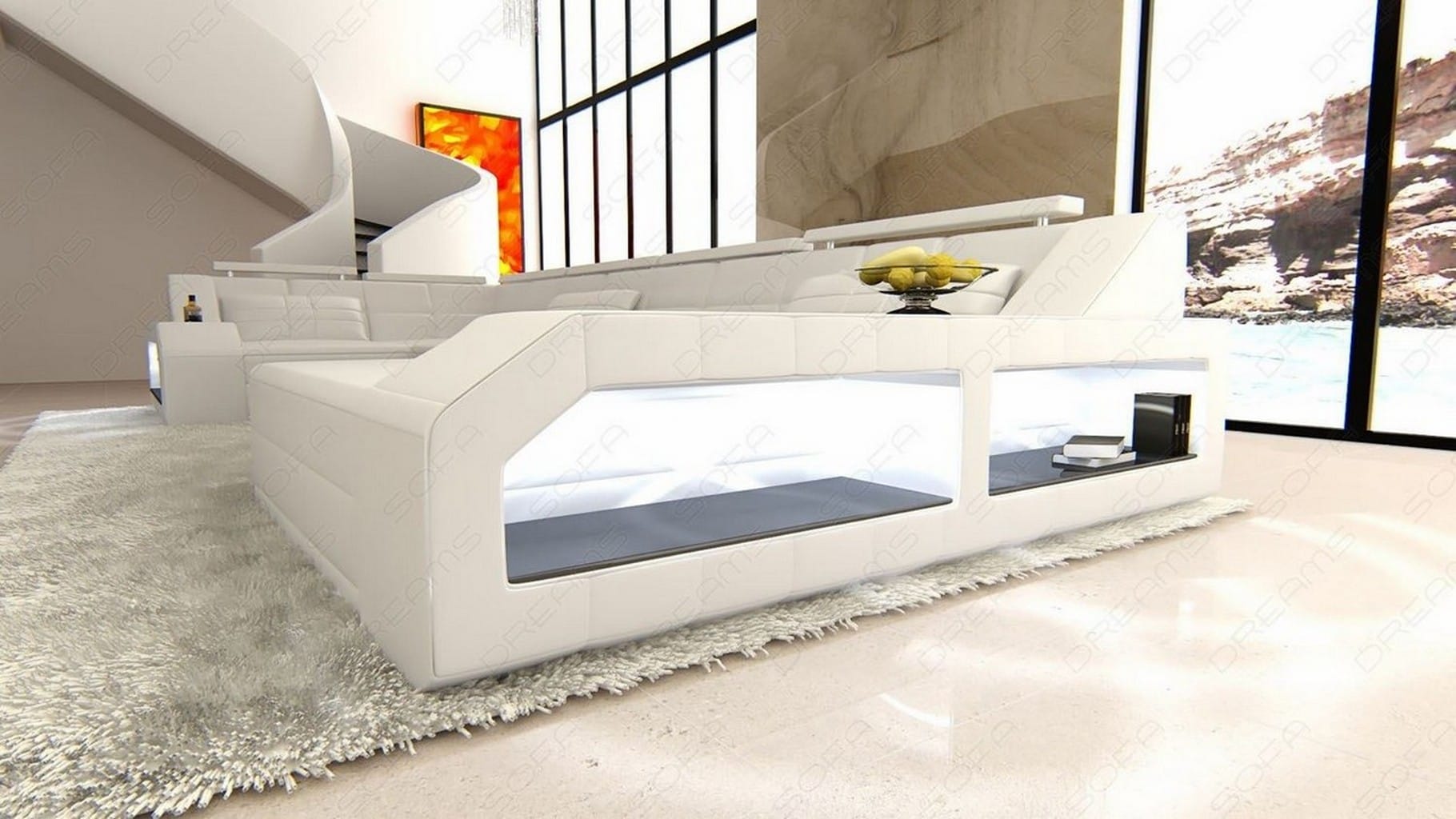 Leder Wohnlandschaft Arezzo mit LED weiß