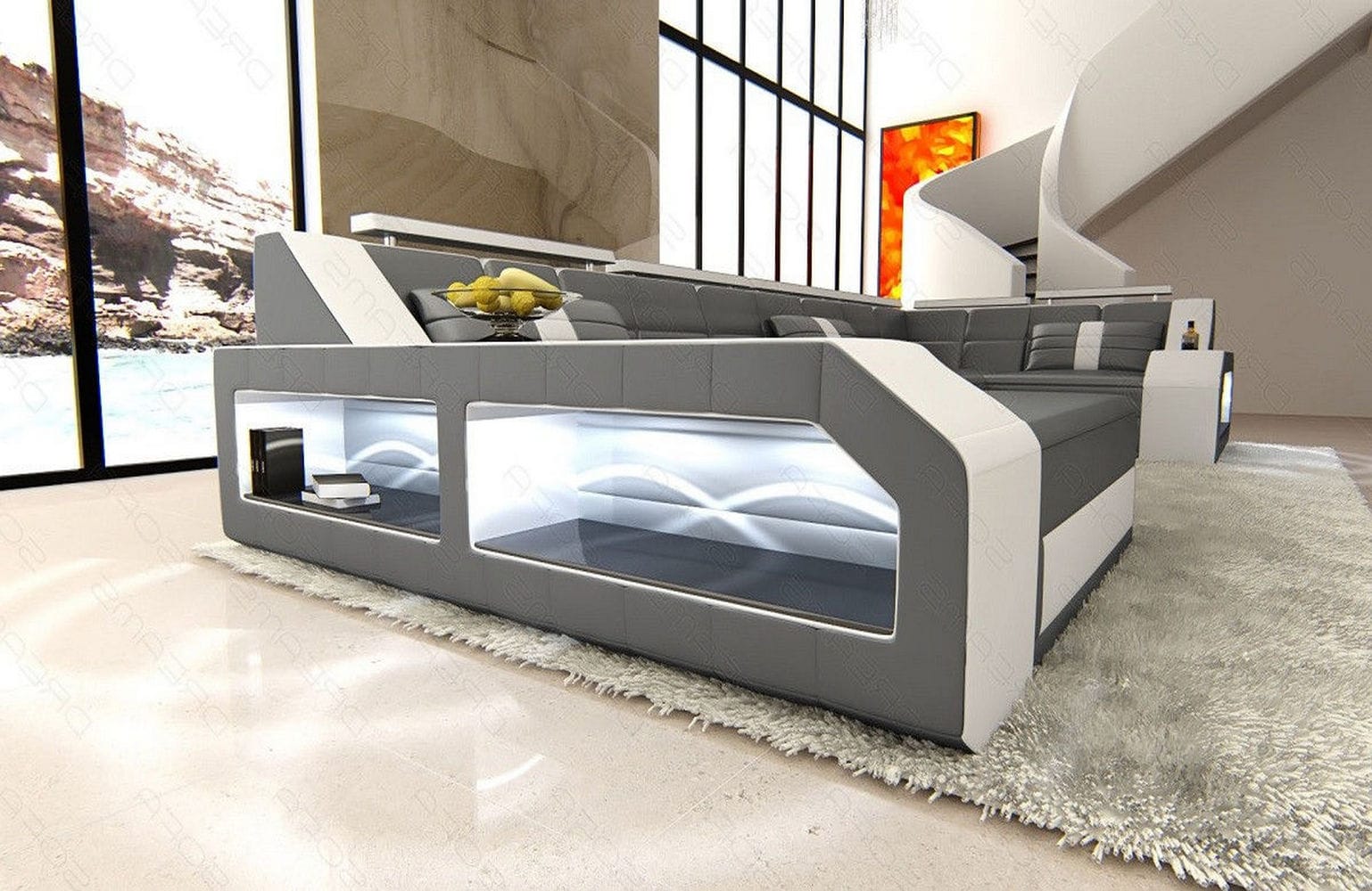Leder Wohnlandschaft Arezzo mit LED grau-weiß