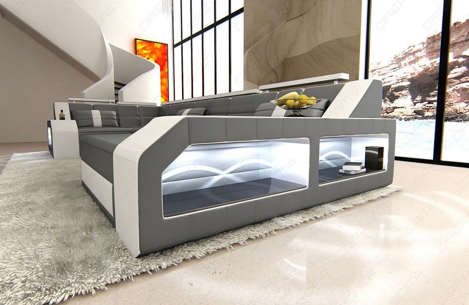 Leder Wohnlandschaft Arezzo mit LED grau-weiß