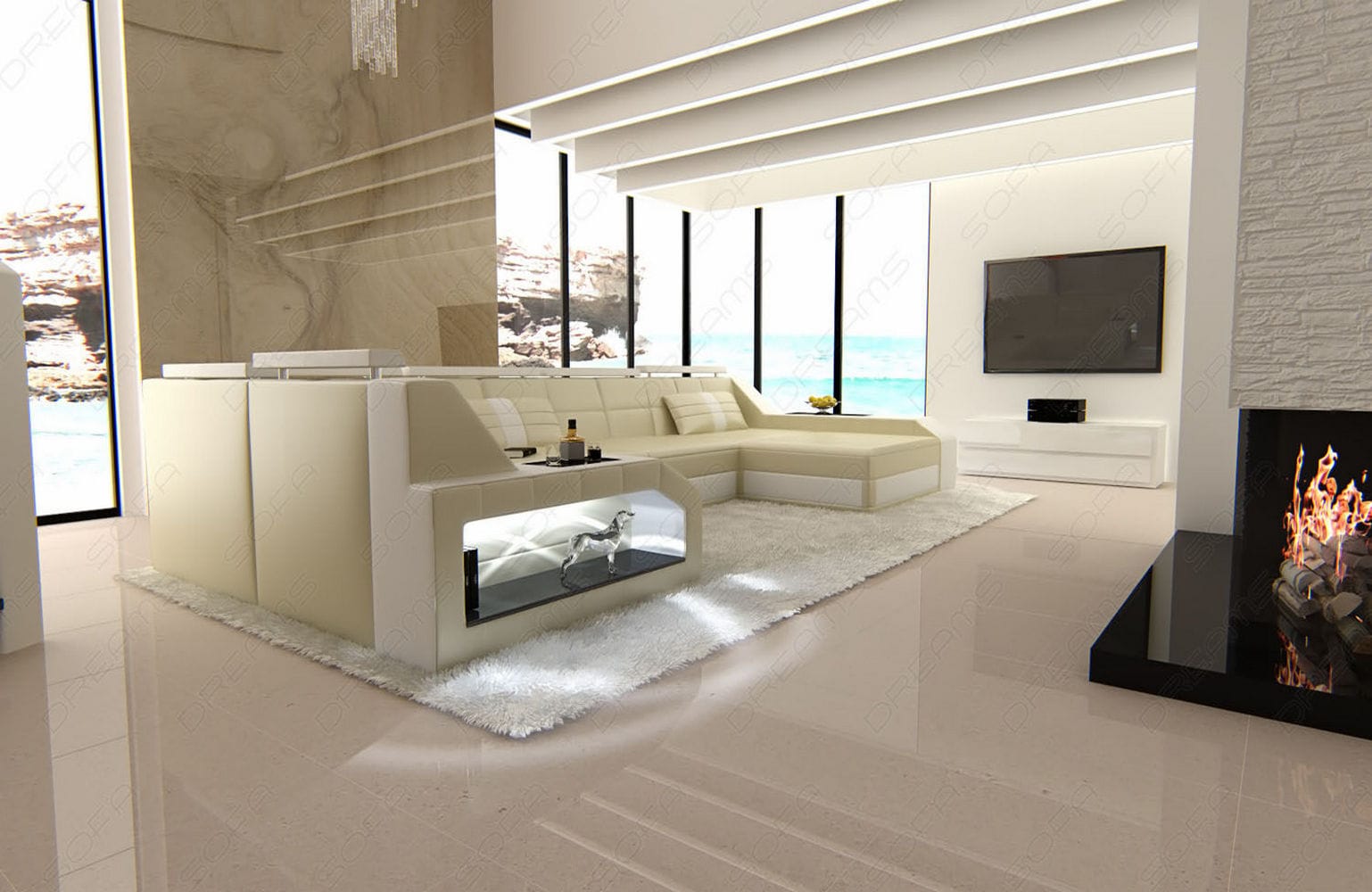 Leder Wohnlandschaft Arezzo mit LED beige-weiß