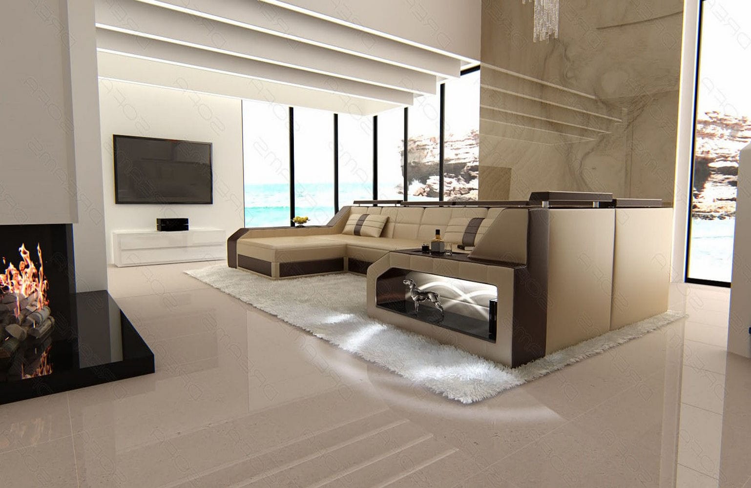 Leder Wohnlandschaft Arezzo mit LED sandbeige-dunkelbraun
