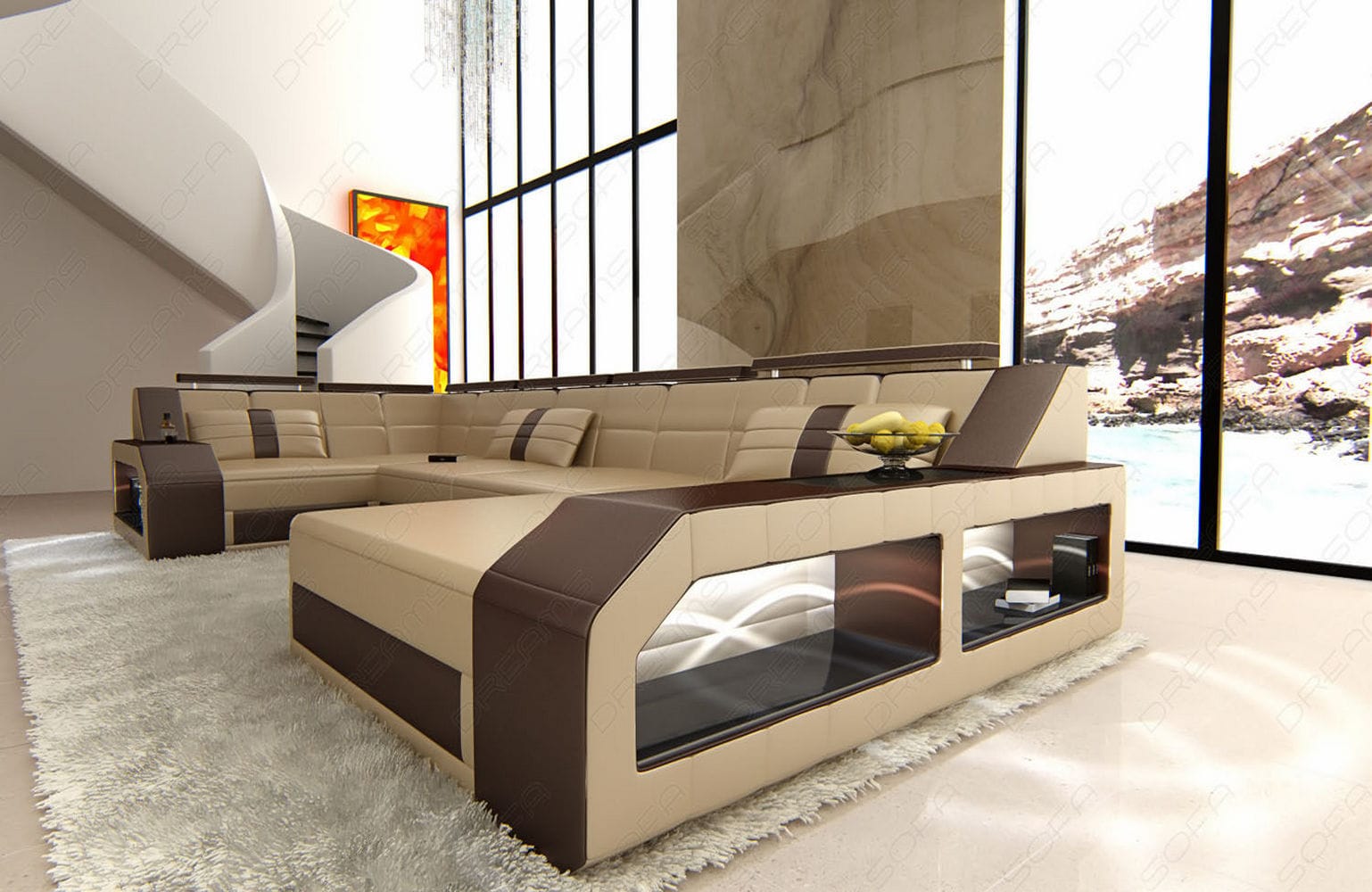 Leder Wohnlandschaft Arezzo mit LED sandbeige-dunkelbraun