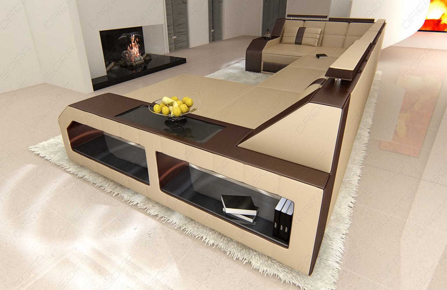 Leder Wohnlandschaft Arezzo mit LED sandbeige-dunkelbraun