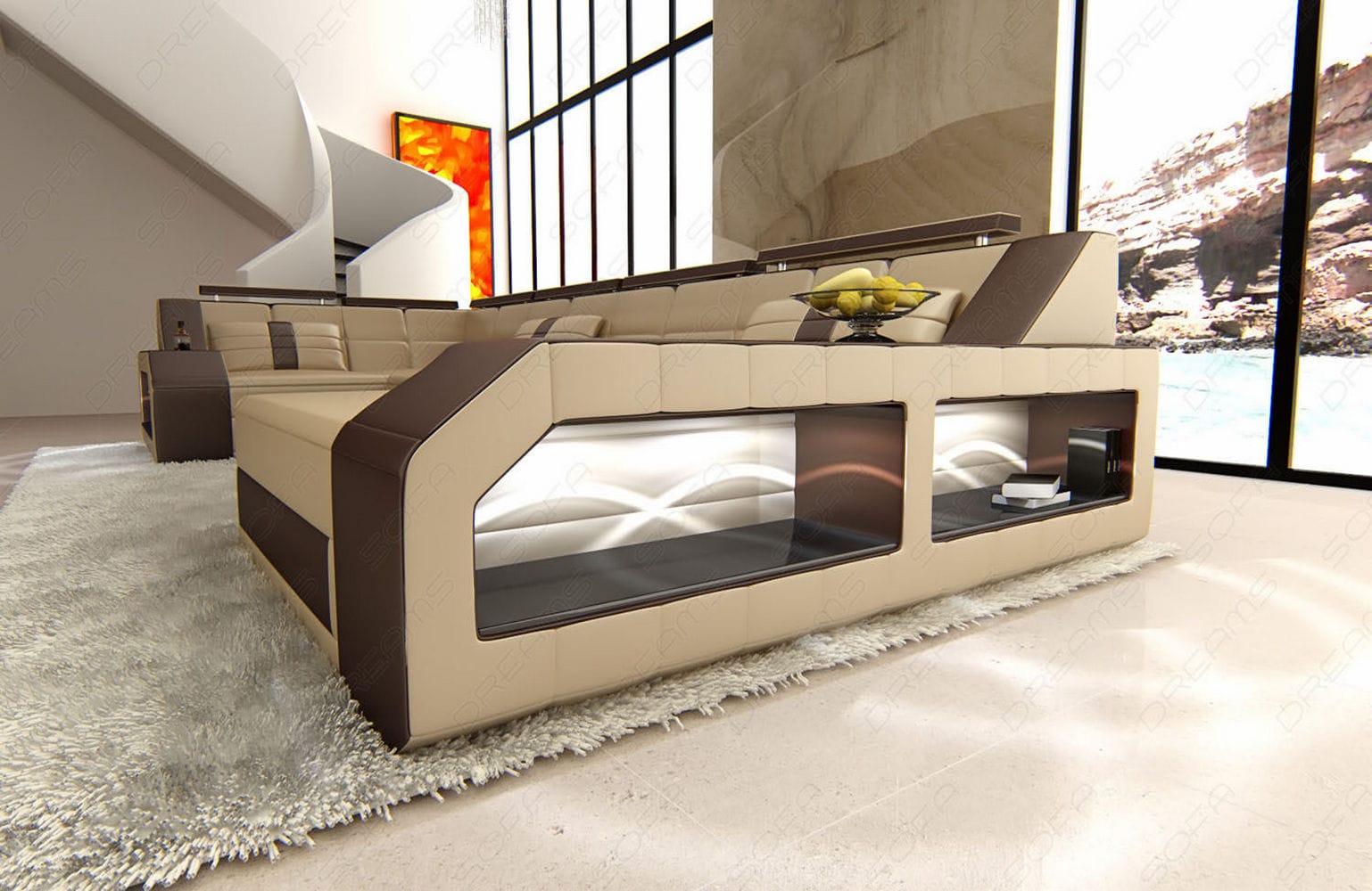 Leder Wohnlandschaft Arezzo mit LED sandbeige-dunkelbraun