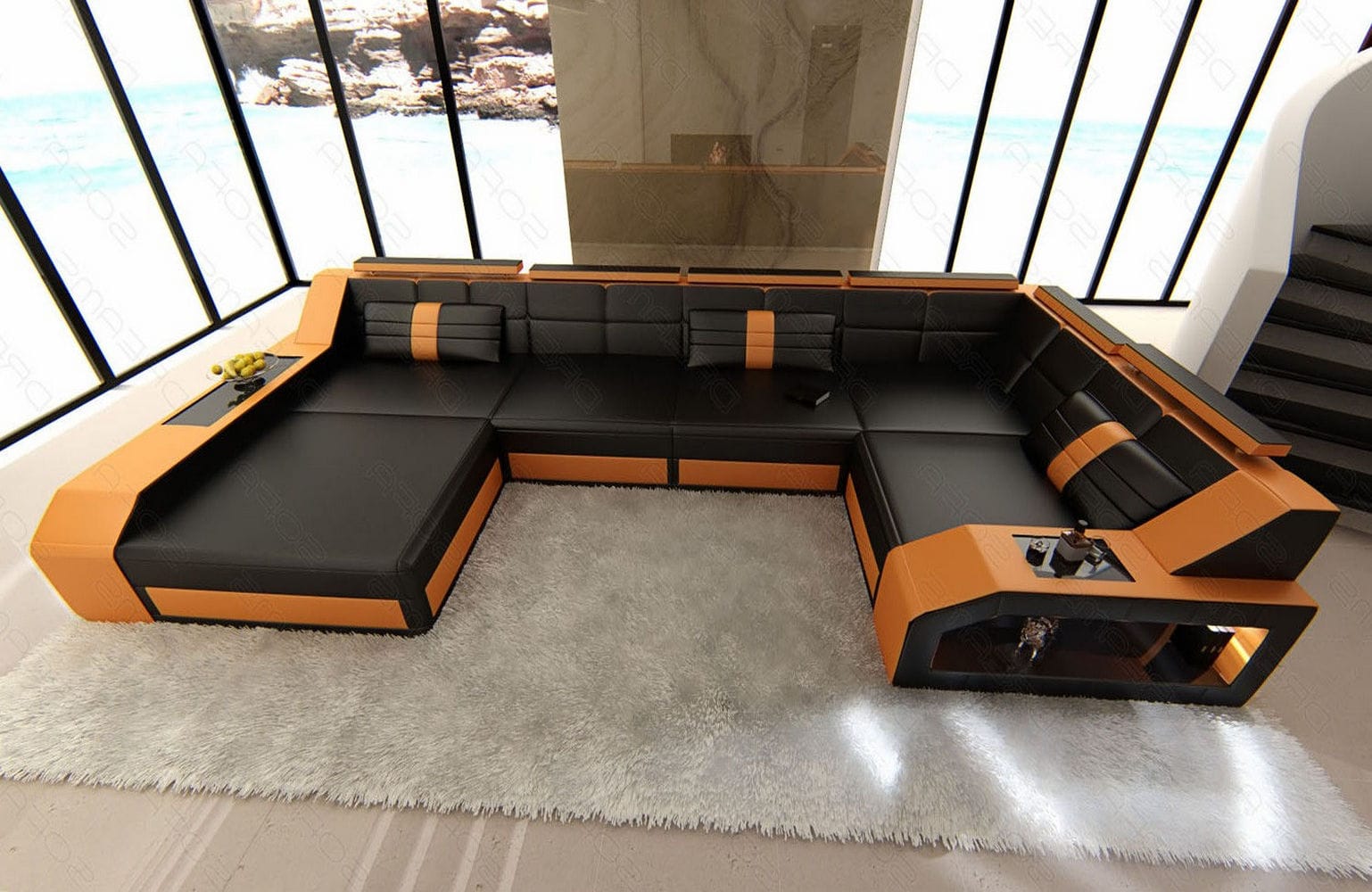 Leder Wohnlandschaft Arezzo mit LED schwarz-orange