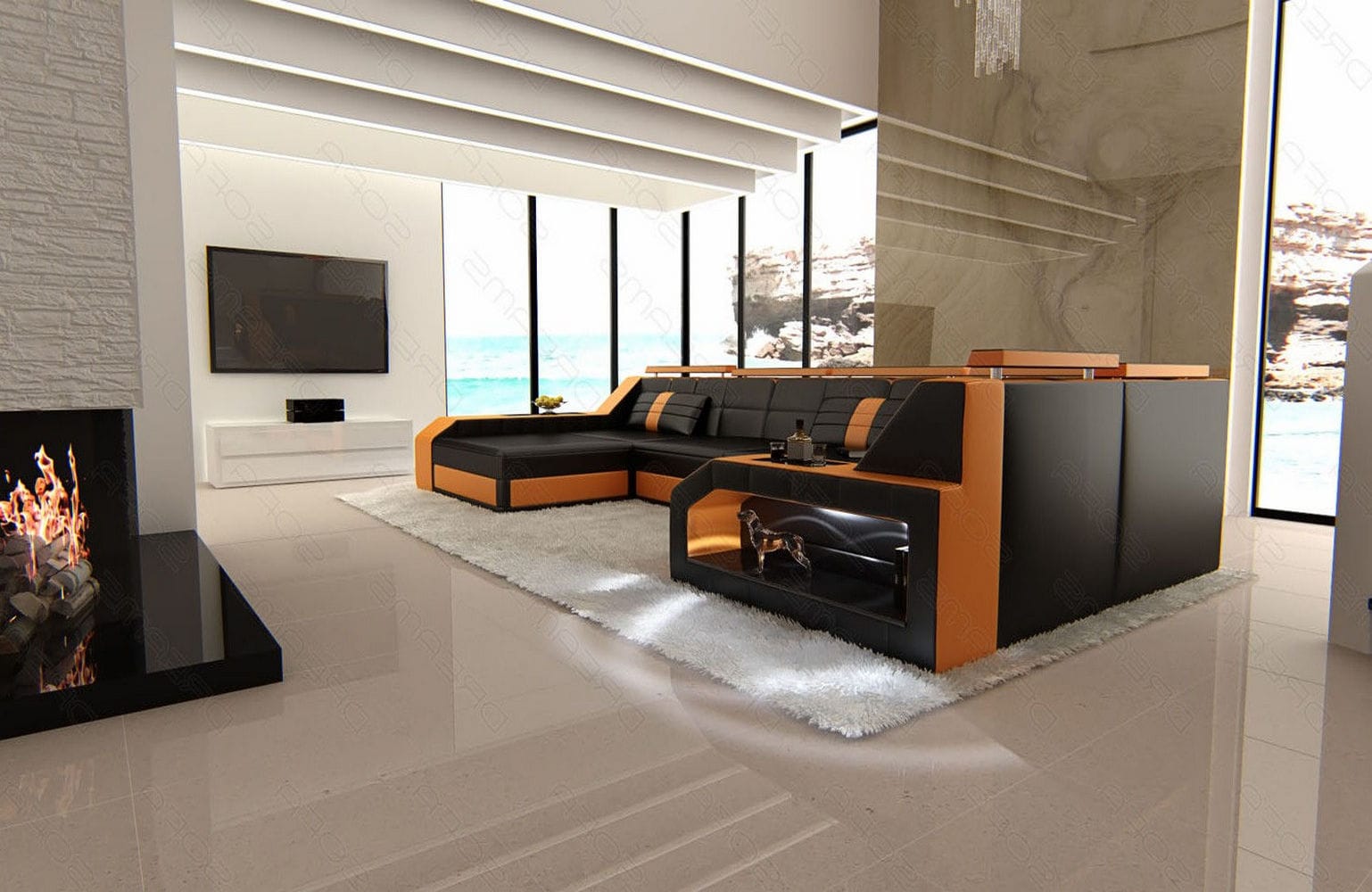 Leder Wohnlandschaft Arezzo mit LED schwarz-orange