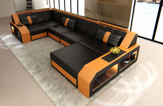 Leder Couch Arezzo U-Form schwarz-orange
