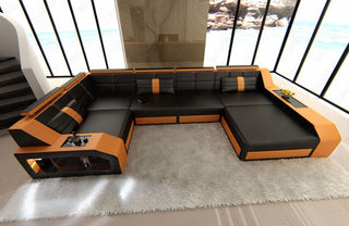 Leder Couch Arezzo U-Form schwarz-orange